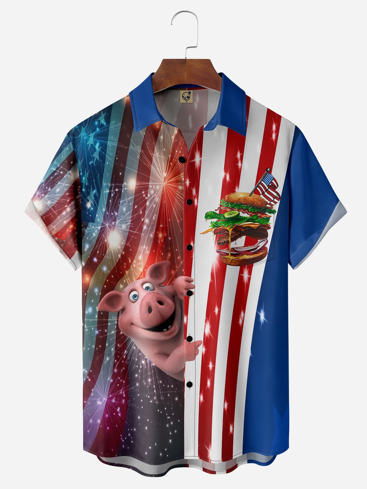 American Flag Fun Pig Chest Pocket Short Sleeve Casual Shirt