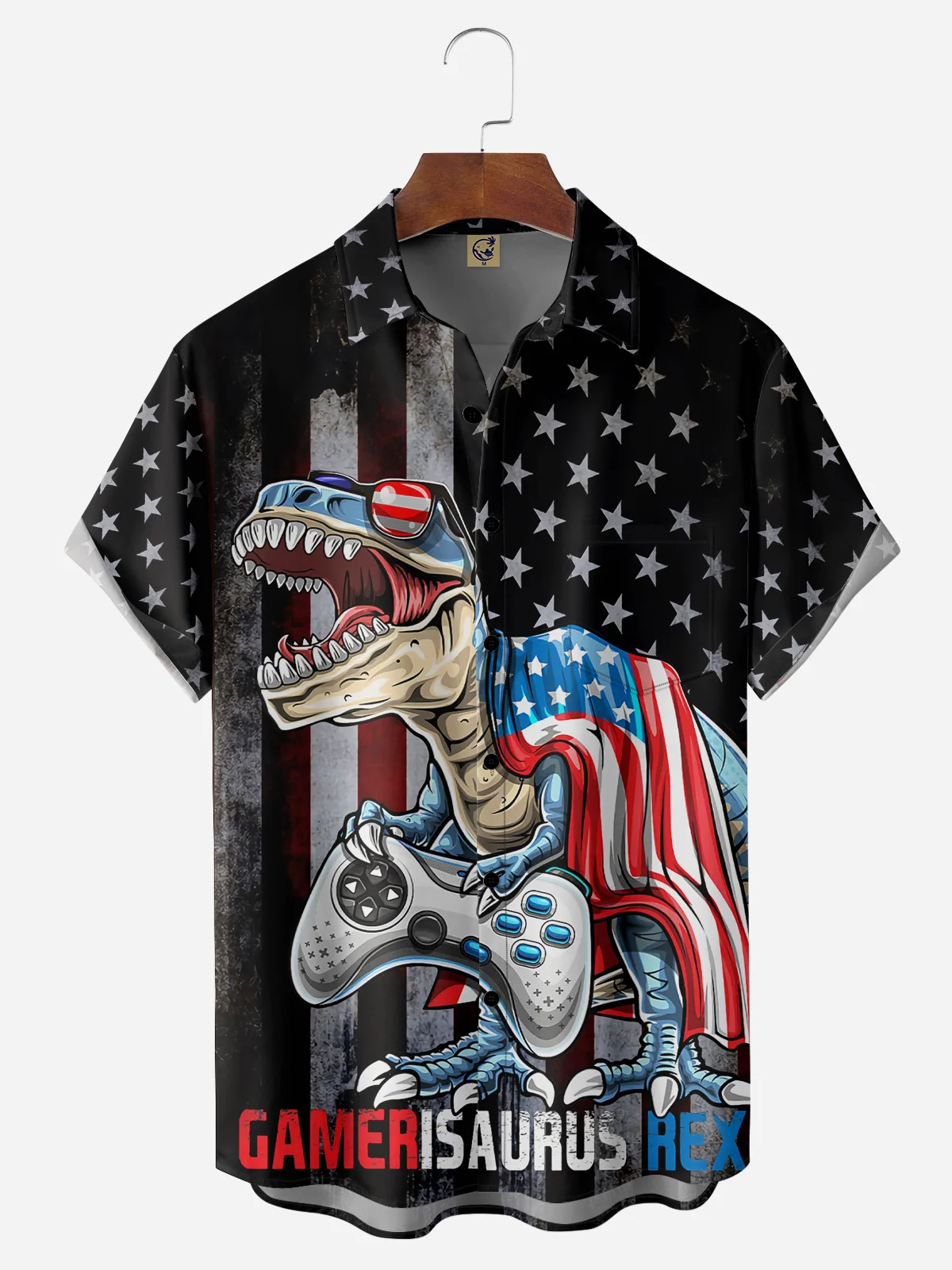 Dinosaur American Flag Chest Pocket Short Sleeve Shirt