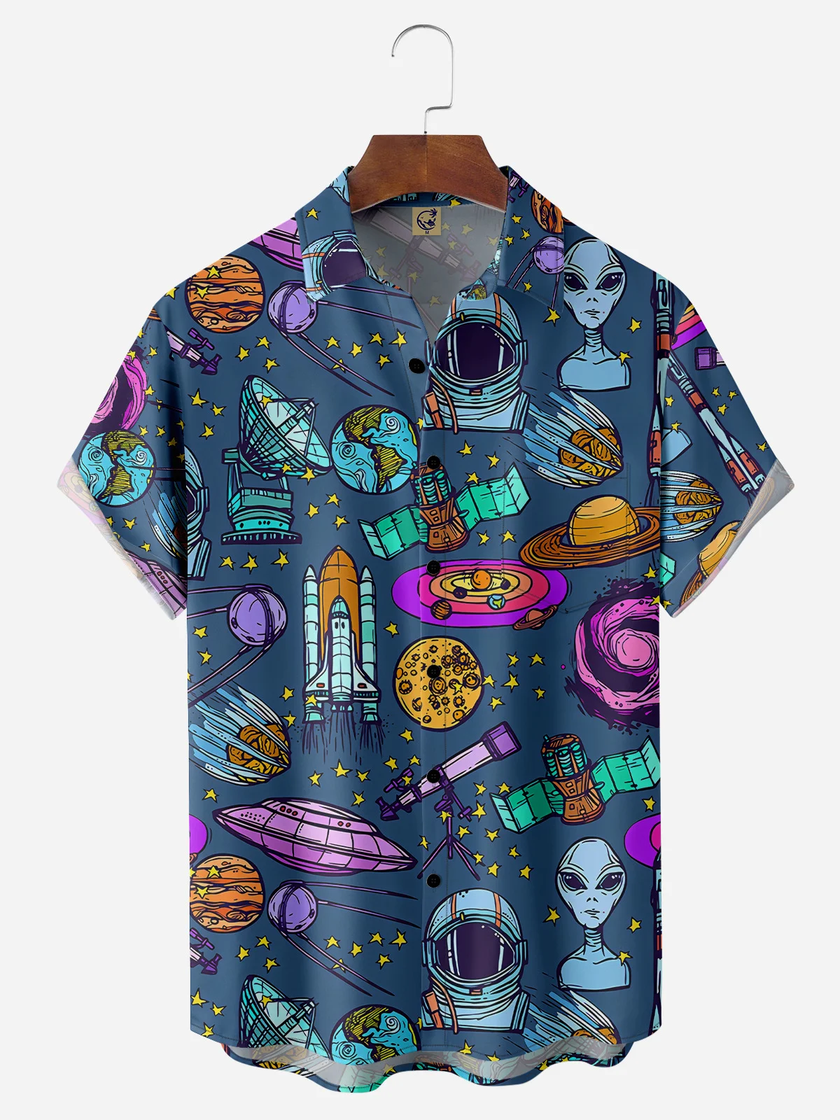 Spaceship Chest Pocket Short Sleeve Casual Shirt