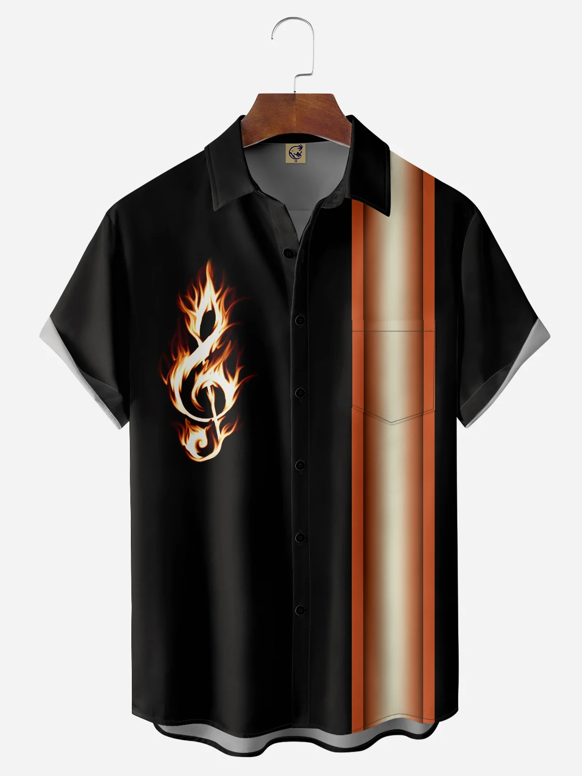 Flame Note Chest Pocket Short Sleeve Bowling Shirt