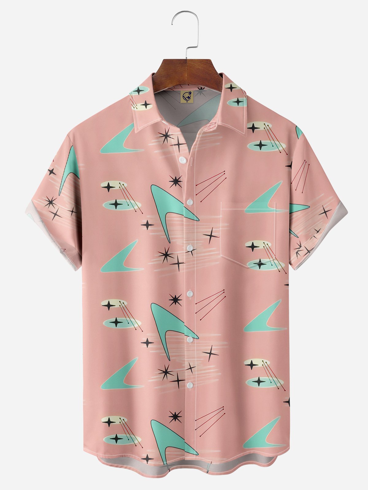 Mid Century Geometric Chest Pocket Short Sleeve Casual Shirt