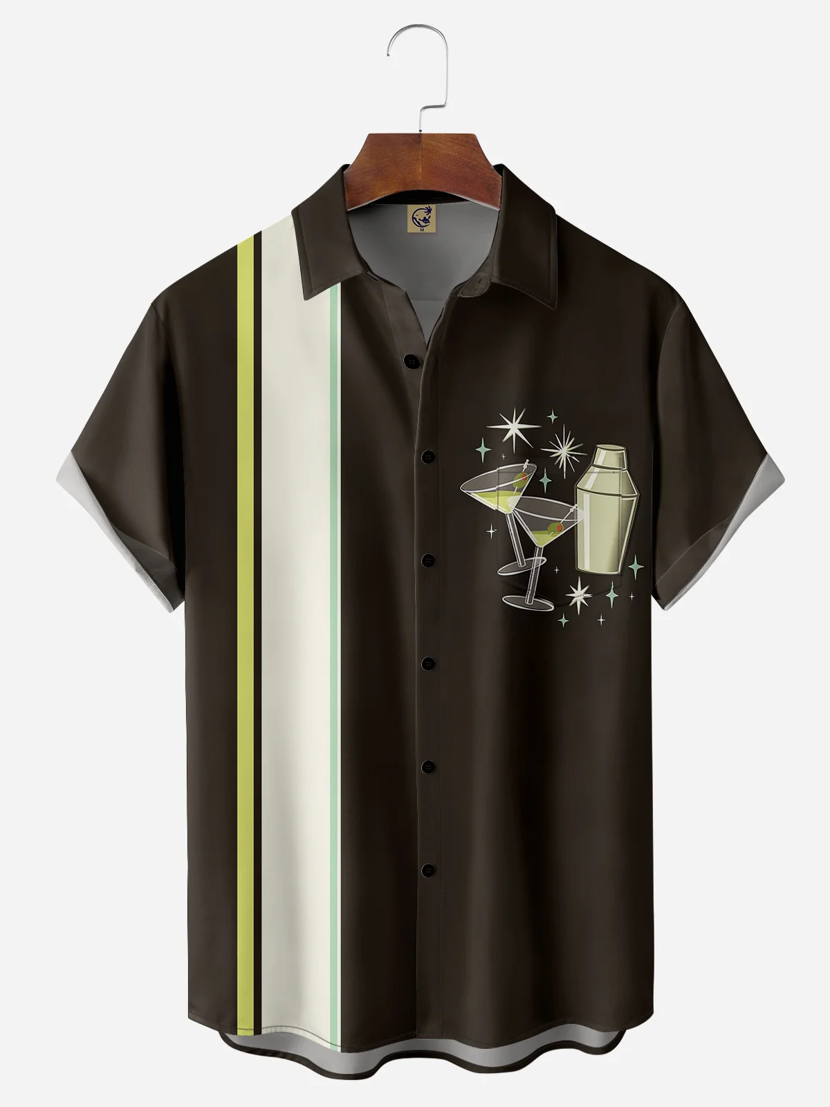 Cocktail Glasses Chest Pocket Short Sleeve Bowling Shirt