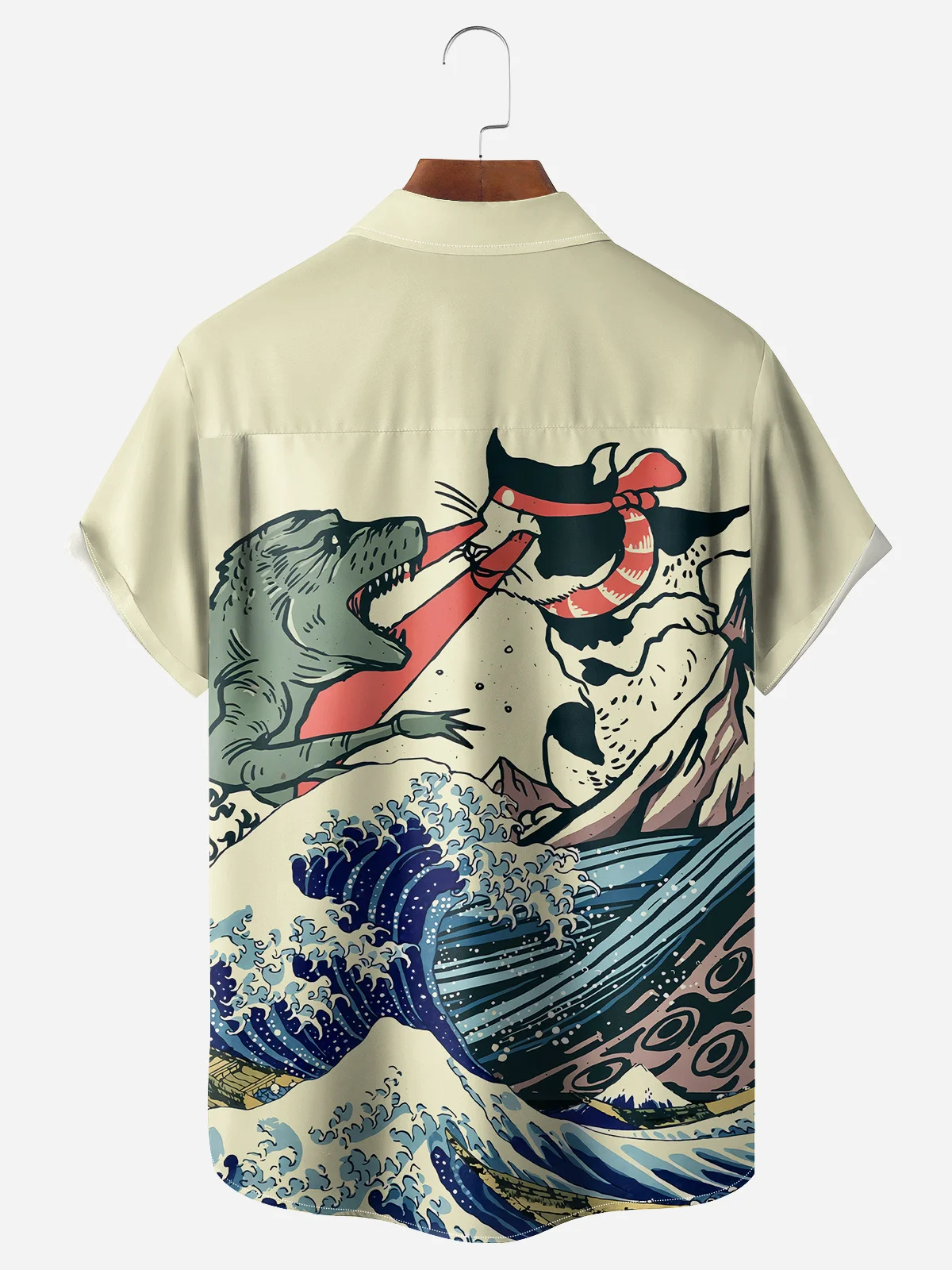 Ukiyo-e Dinosaur Chest Pocket Short Sleeve Hawaiian Shirt