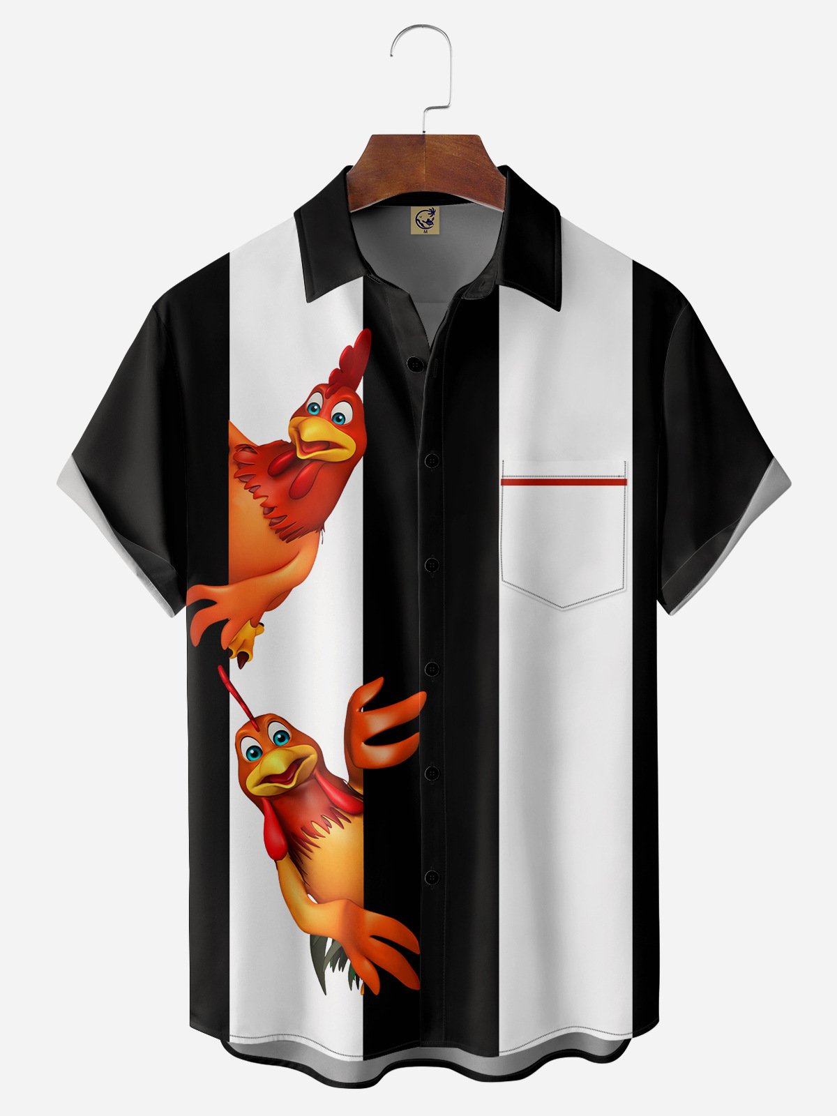 Happy Rooster Chest Pocket Short Sleeve Bowling Shirt