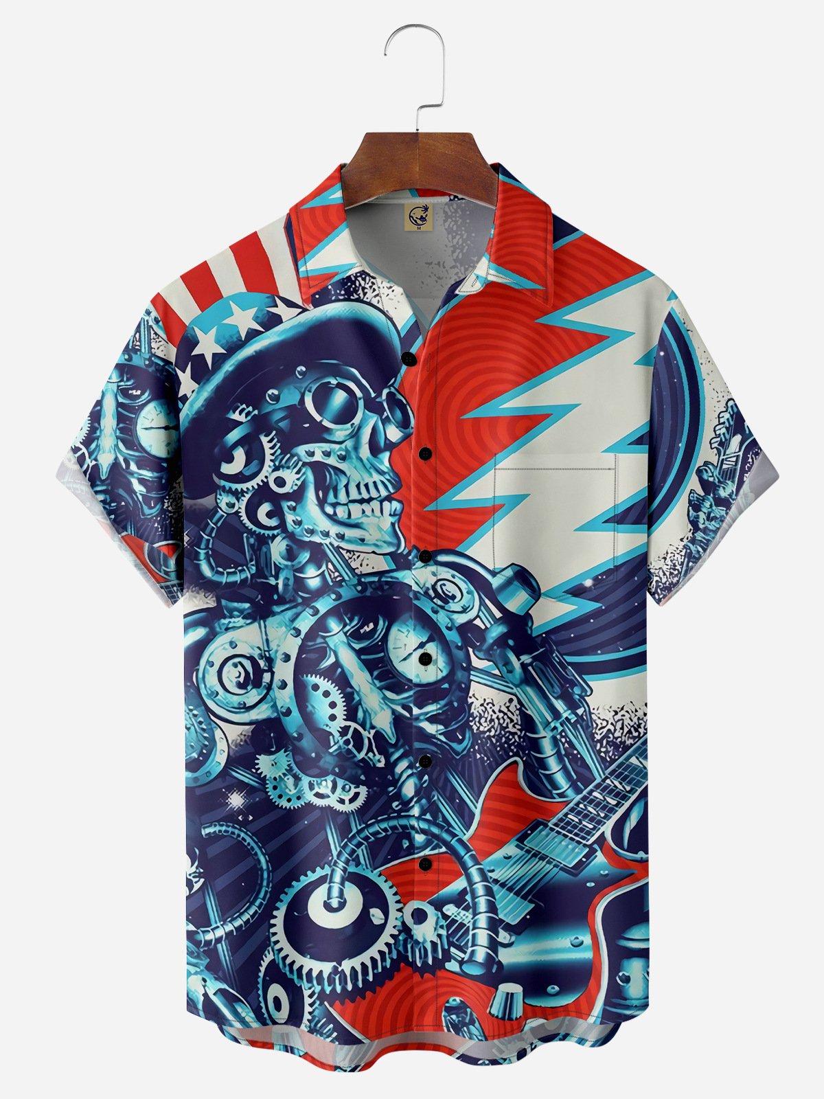Music Skull Chest Pocket Short Sleeve Shirt