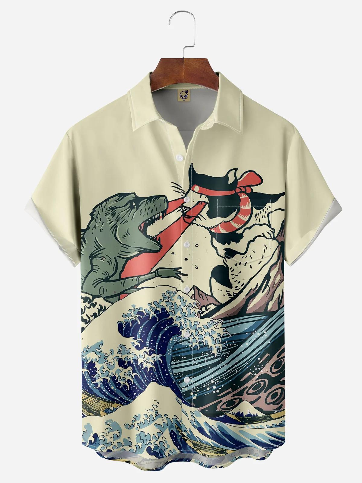 Ukiyo-e Dinosaur Chest Pocket Short Sleeve Hawaiian Shirt