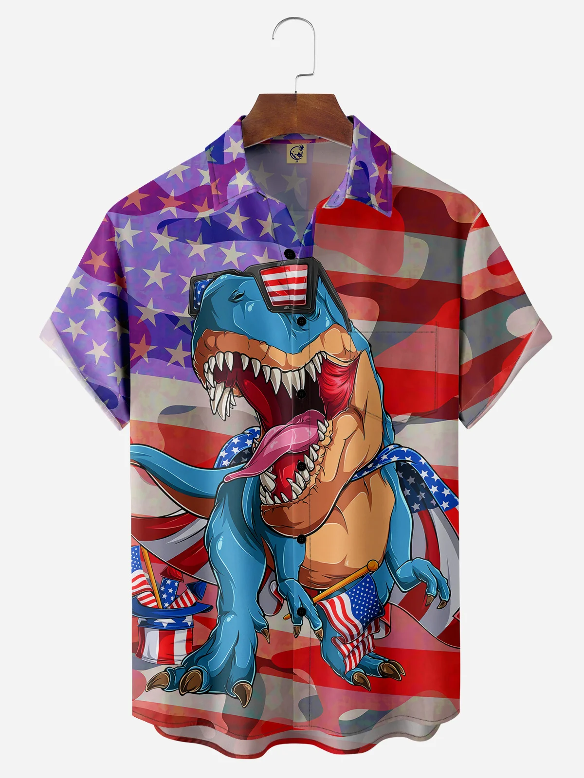 American Flag Dinosaur Chest Pocket Short Sleeve Casual Shirt