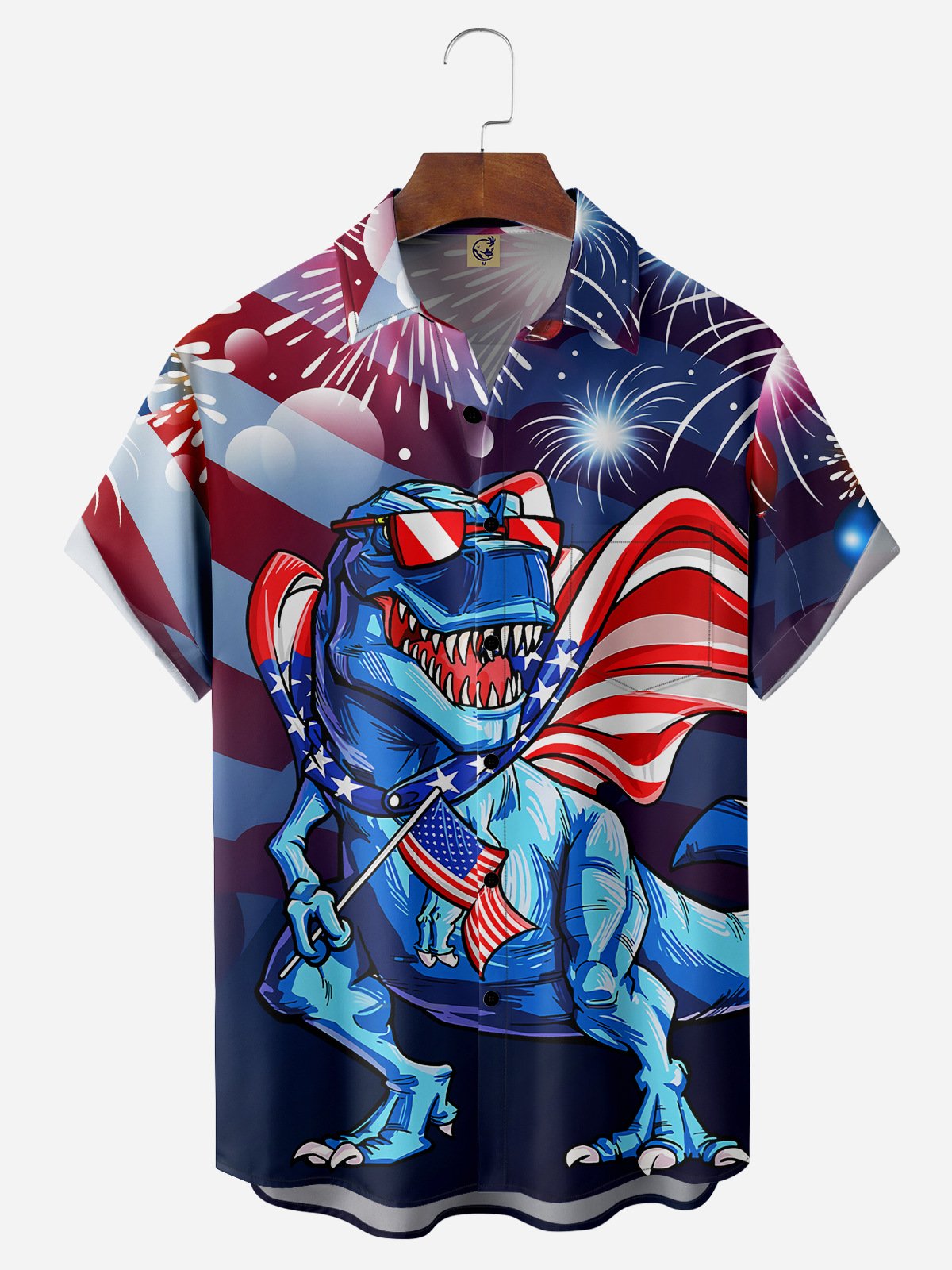 American Flag Dinosaur Chest Pocket Short Sleeve Casual Shirt