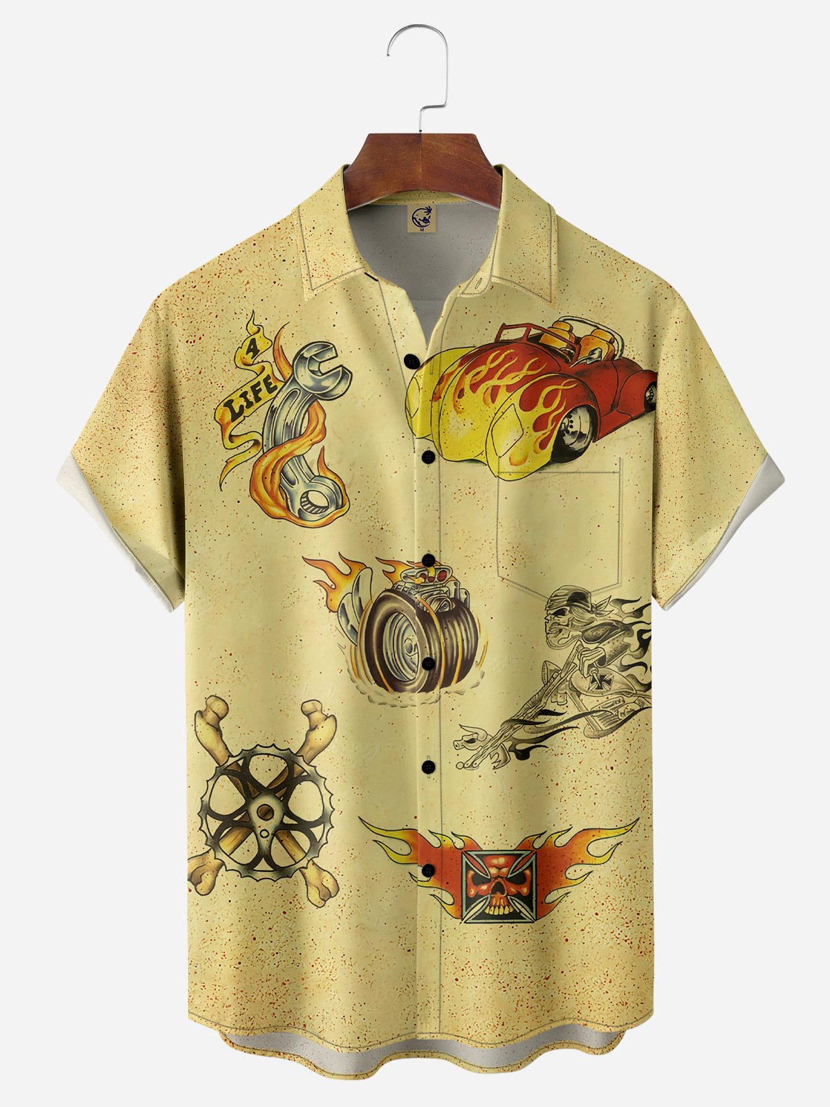 Flame Car Chest Pocket Short Sleeve Casual Shirt