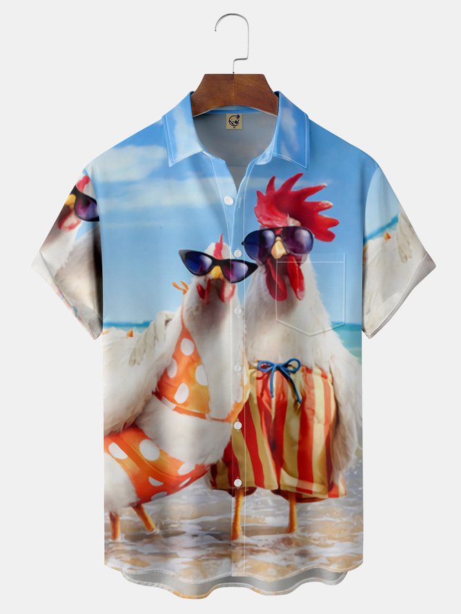 Hardaddy Big Size Rooster Chest Pocket Short Sleeves Hawaiian Shirt