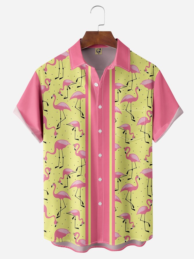 Hardaddy Big Size Flamingo Chest Pocket Short Sleeve Bowling Shirt