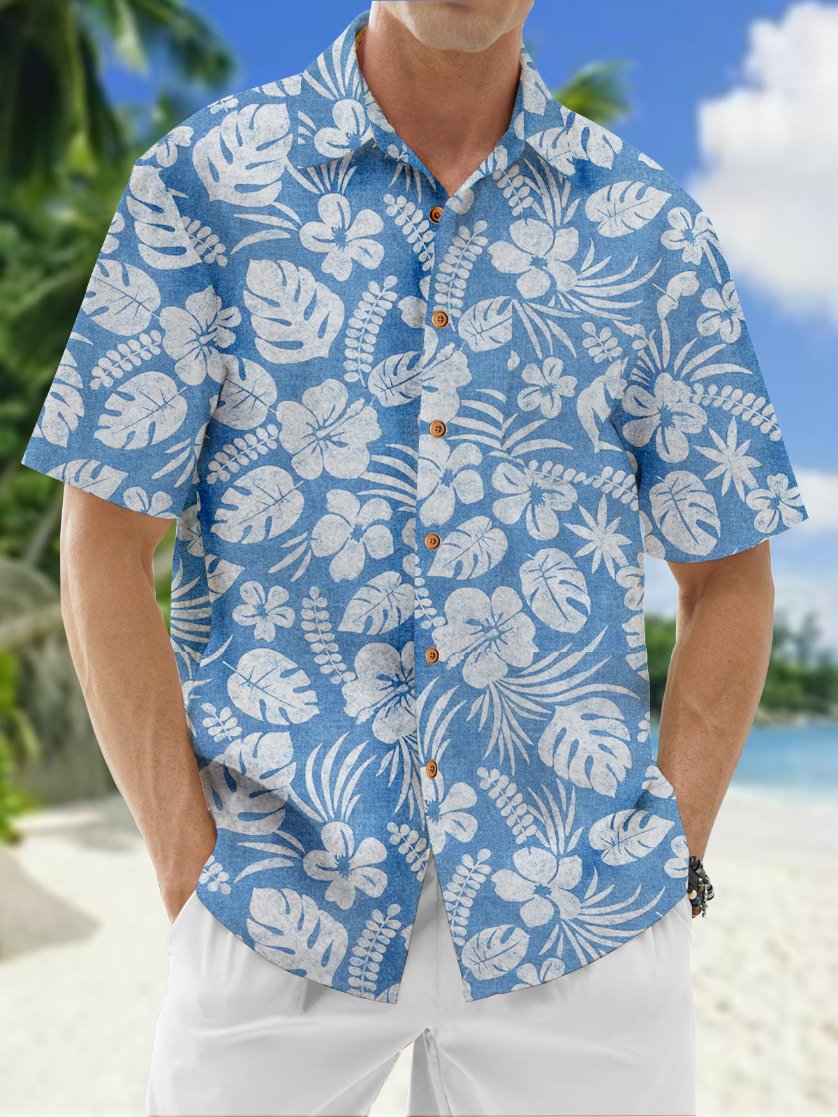 Tropical Leaves Chest Pocket Short Sleeve Resort Shirt