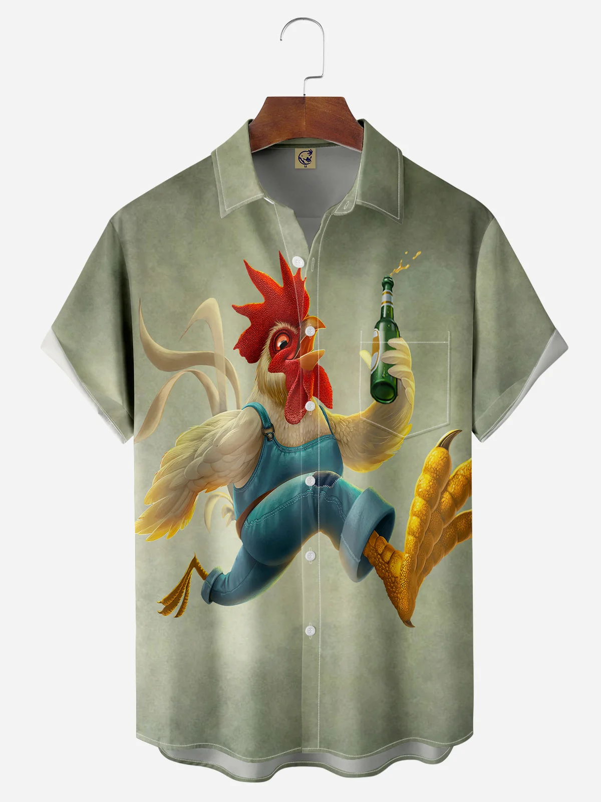 Kung Fu Chicken Chest Pocket Short Sleeve Casual Shirt