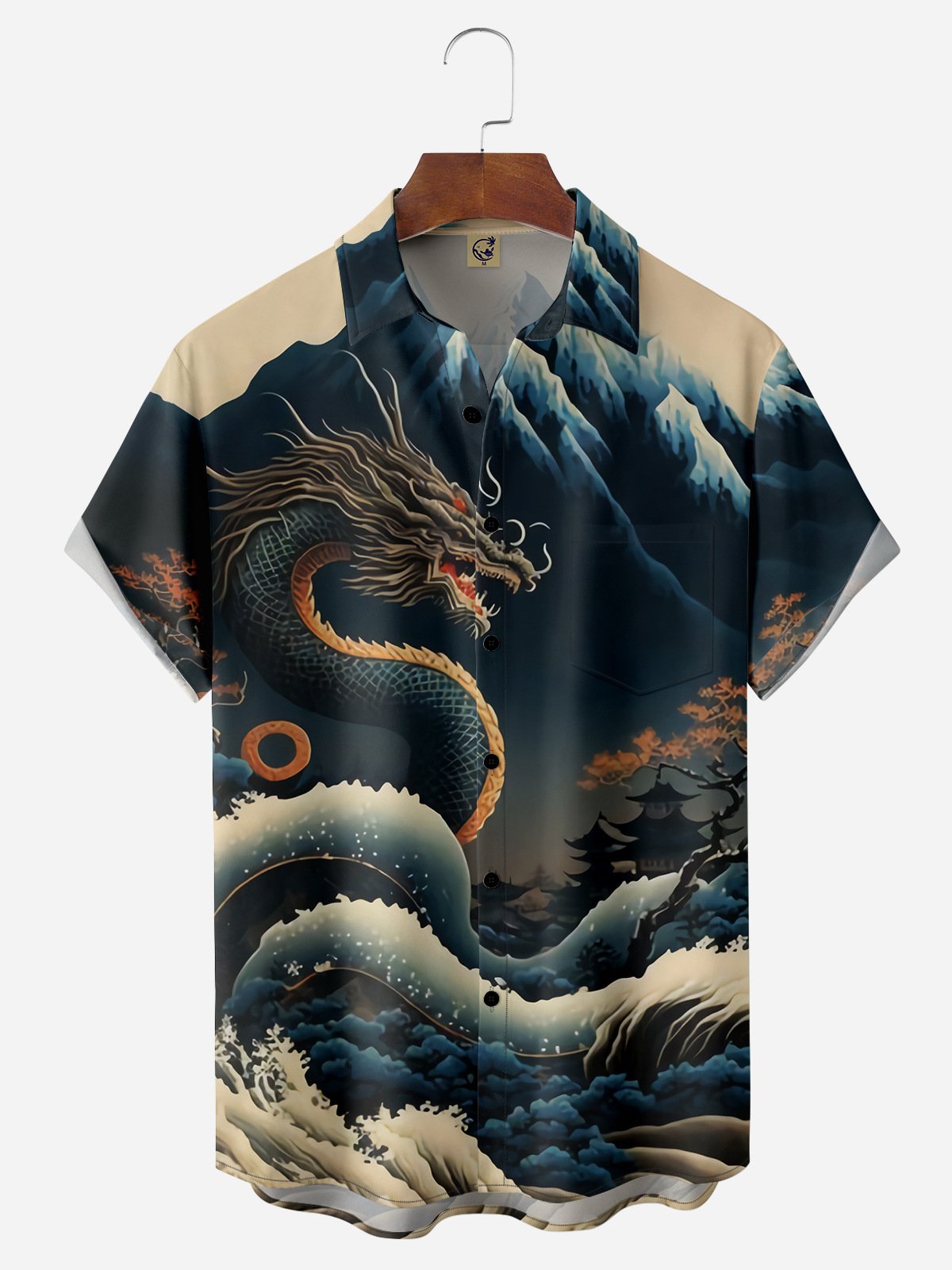 Ukiyo-e Dragon Chest Pocket Short Sleeve Casual Shirt