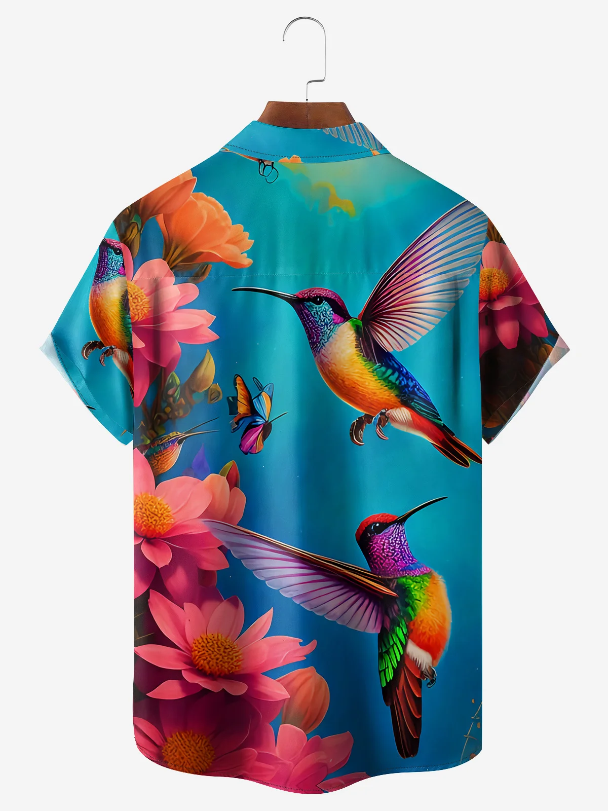 Floral Hummingbird Chest Pocket Short Sleeve Hawaiian Shirt