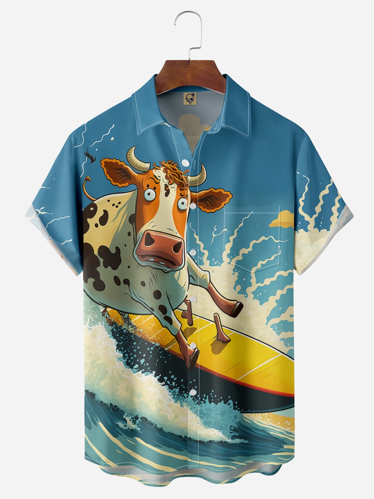 Surfing Cow Chest Pocket Short Sleeve Hawaiian Shirt