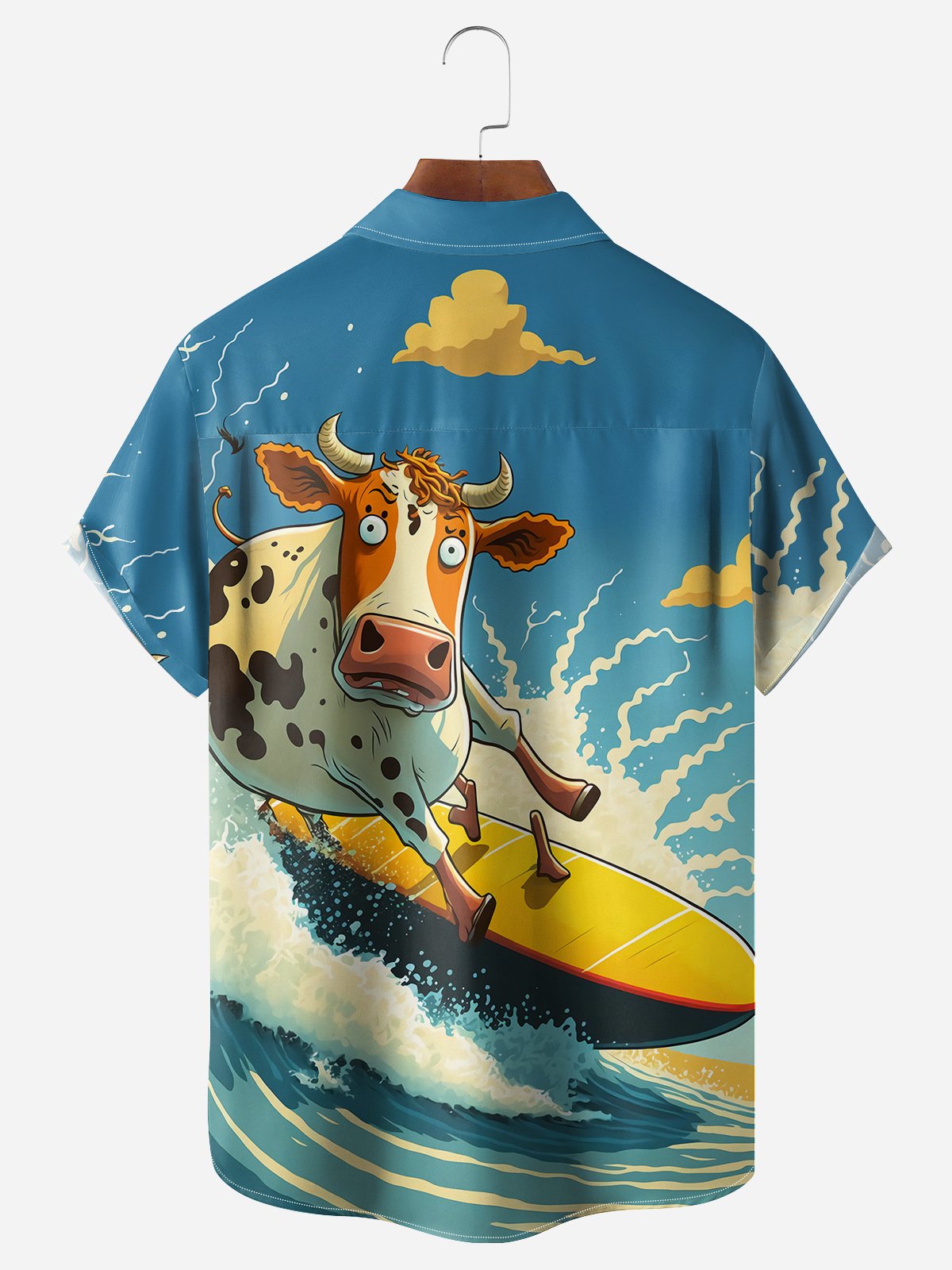 Surfing Cow Chest Pocket Short Sleeve Hawaiian Shirt