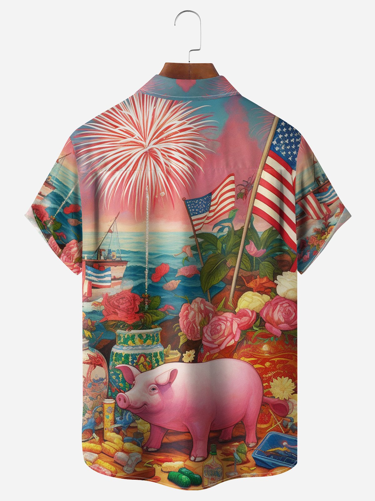 USA Flag Pig Chest Pocket Short Sleeve Casual Shirt