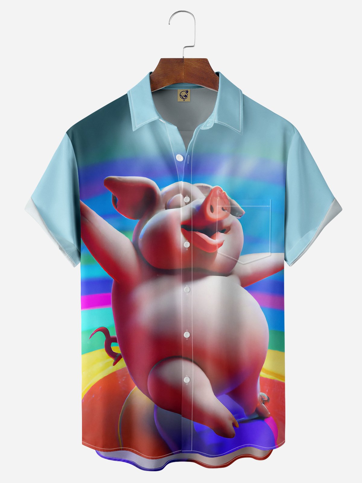 Fun Pig Chest Pocket Short Sleeve Casual Shirt