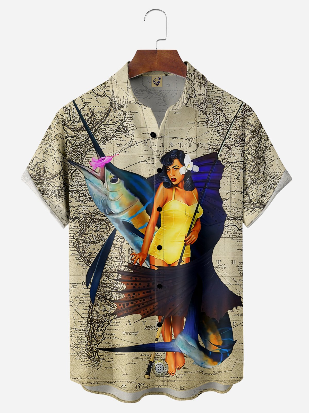 Retro Beauty Fishing Chest Pocket Short Sleeve Hawaiian Shirt
