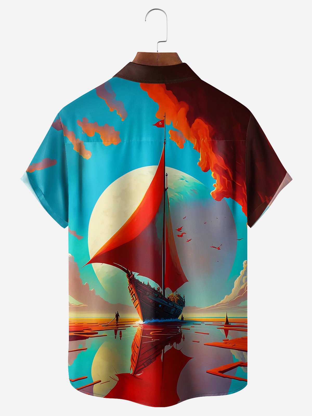 Sailing Boat Chest Pocket Short Sleeve Hawaiian Shirt