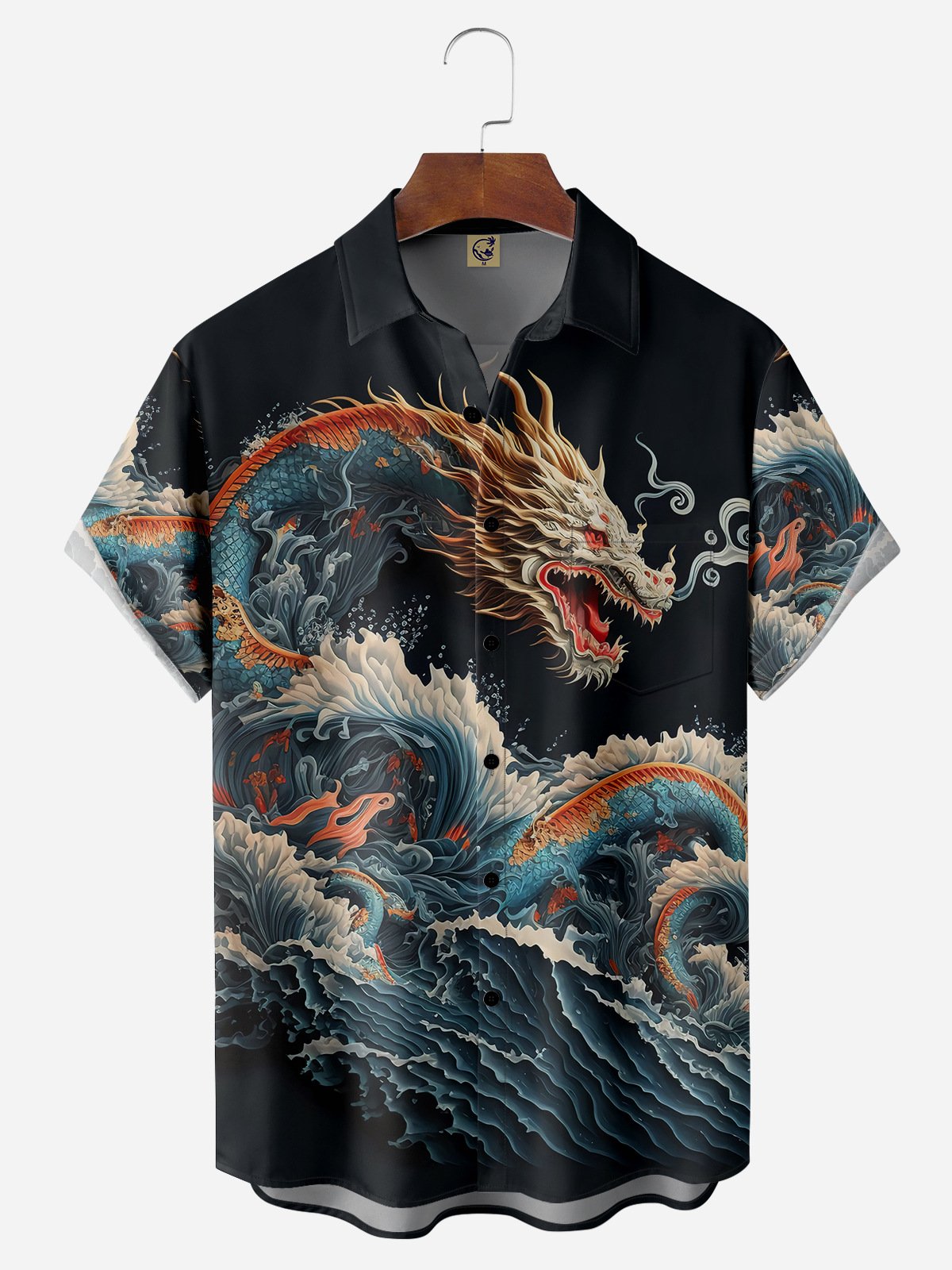 Japanese Dragon Waves Chest Pocket Short Sleeve Hawaiian Shirt