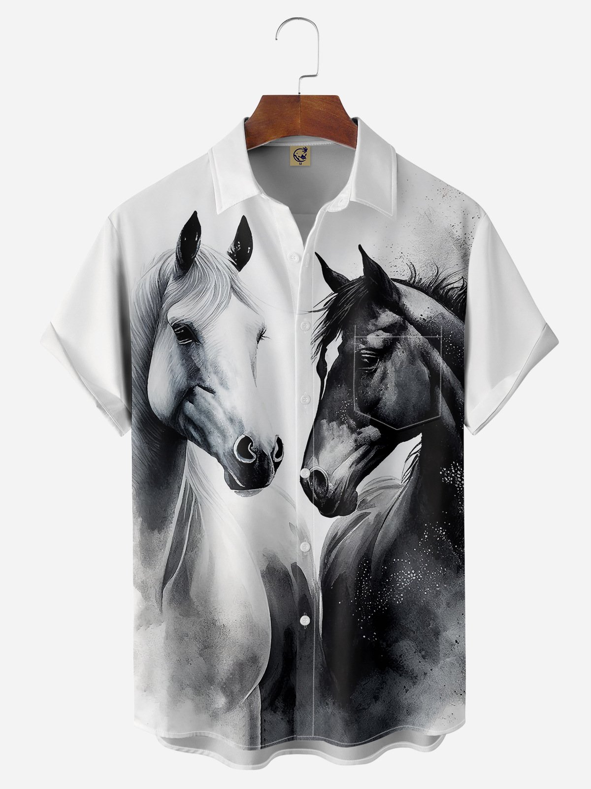 Horse Chest Pocket Short Sleeve Casual Shirt