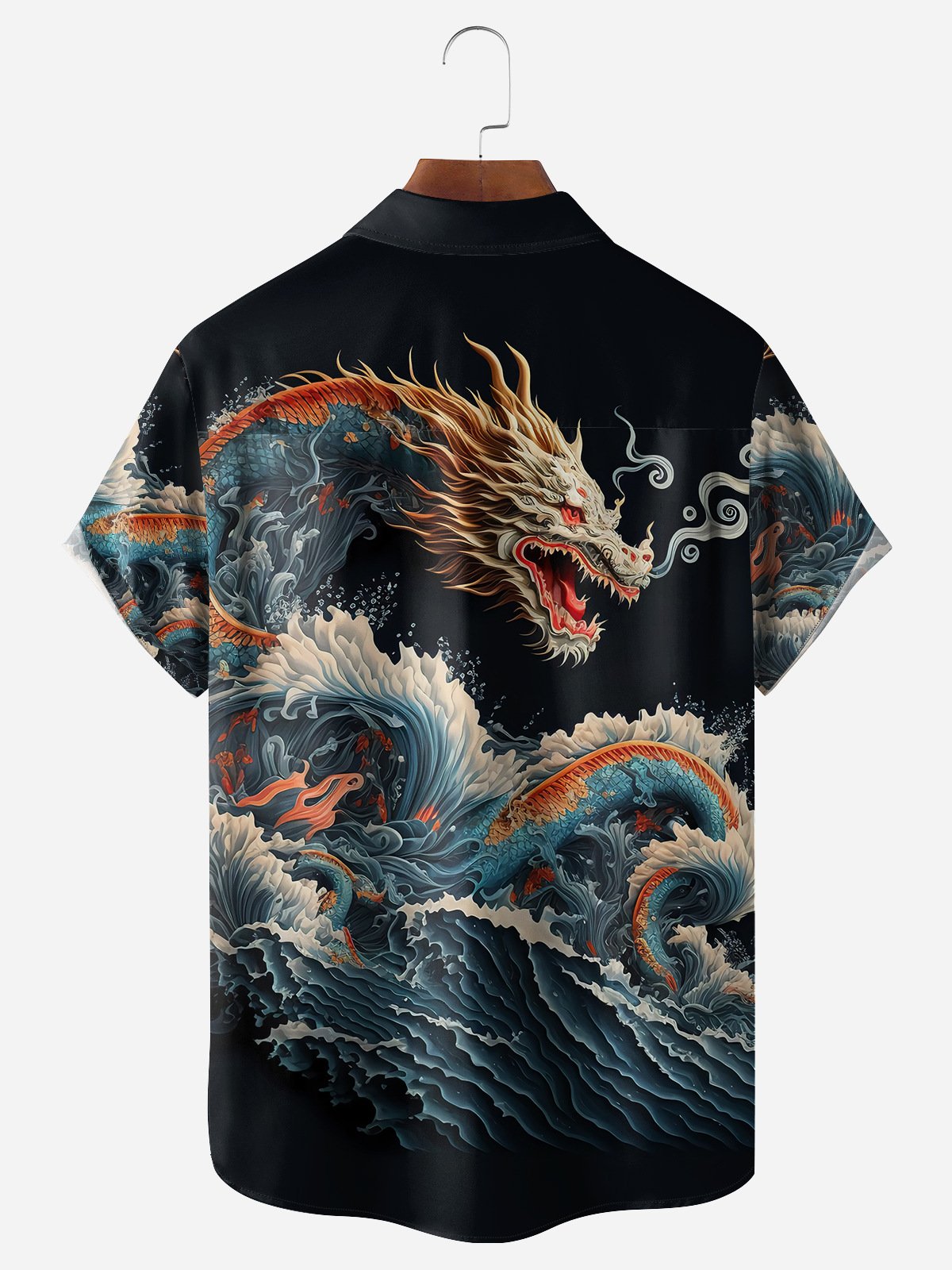 Japanese Dragon Waves Chest Pocket Short Sleeve Hawaiian Shirt