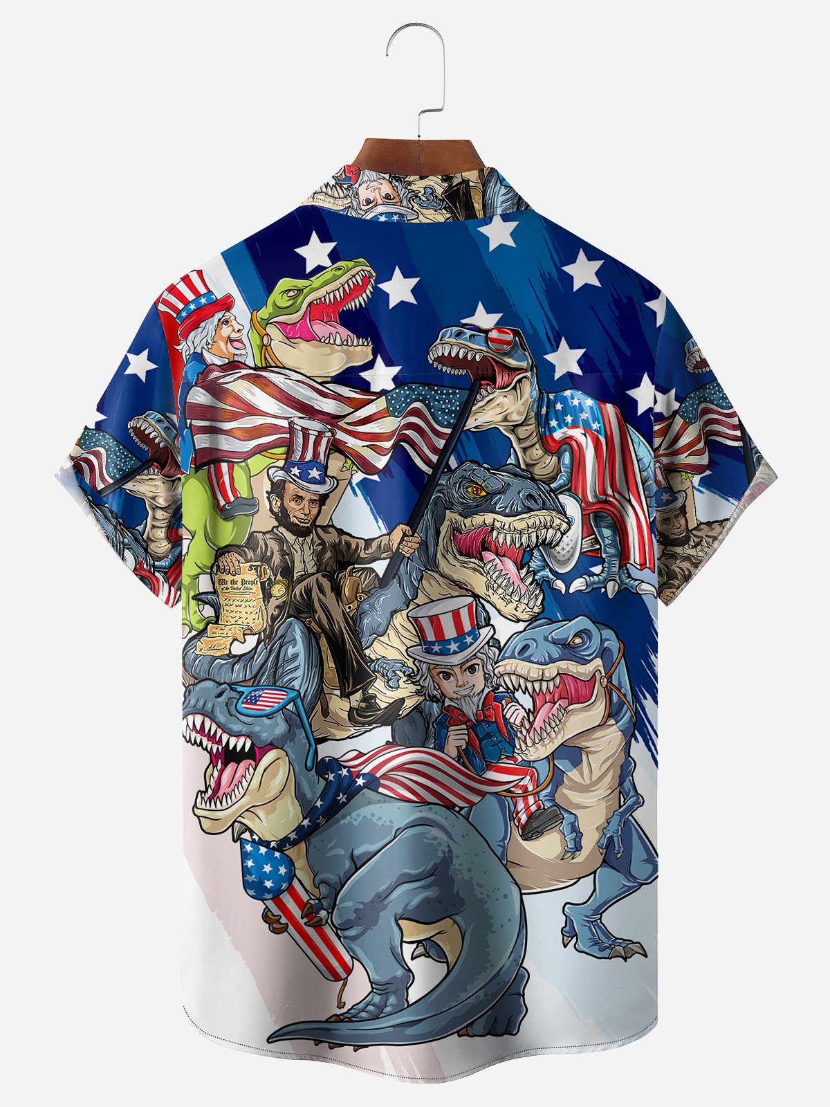 Memorial Day Flag Dinosaur Chest Pocket Short Sleeve Shirt