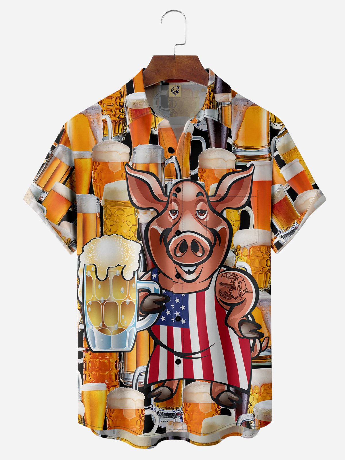 Cheers Beer Pig Chest Pocket Short Sleeve Shirt