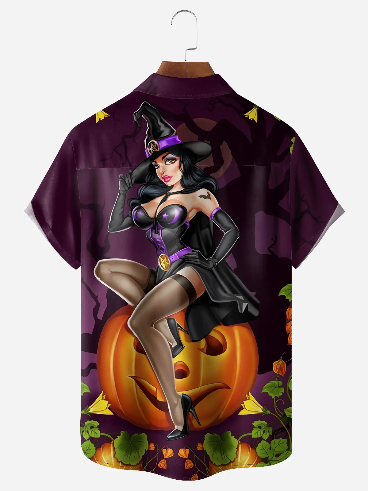 Halloween Witch Chest Pocket Short Sleeve Casual Shirt