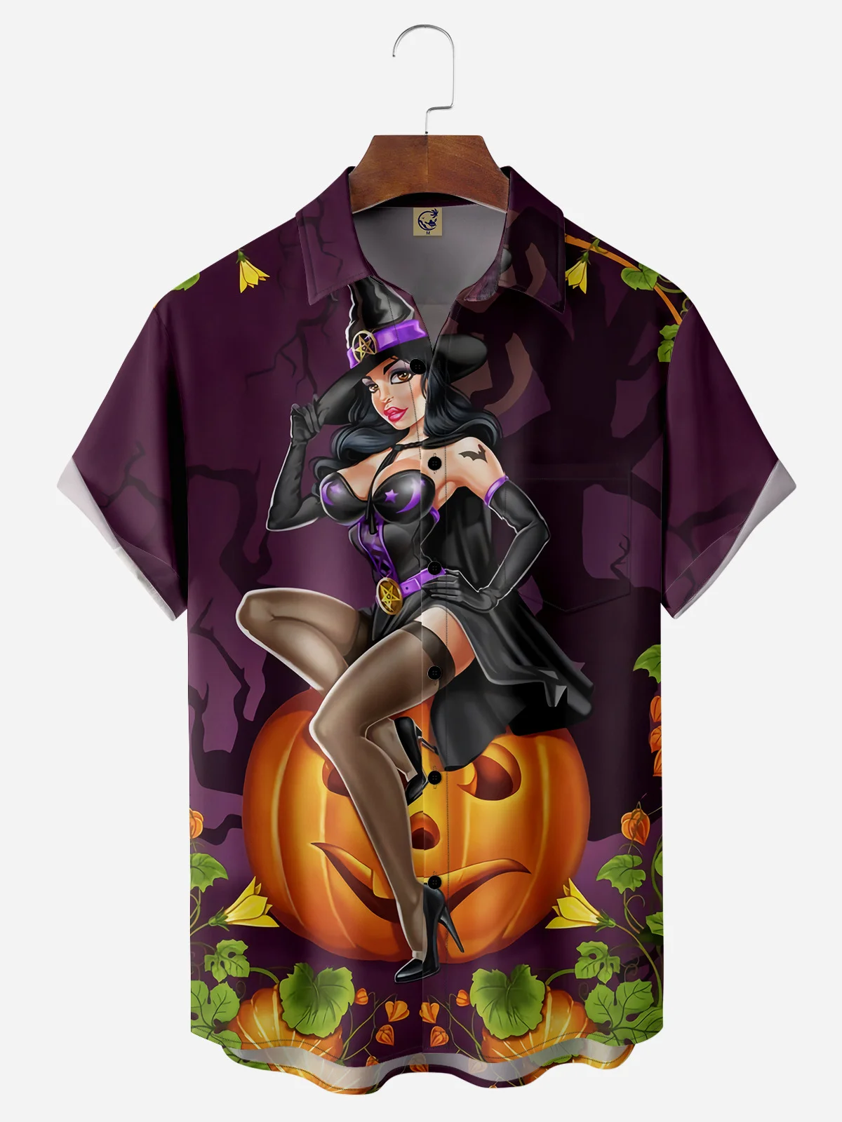 Halloween Witch Chest Pocket Short Sleeve Casual Shirt