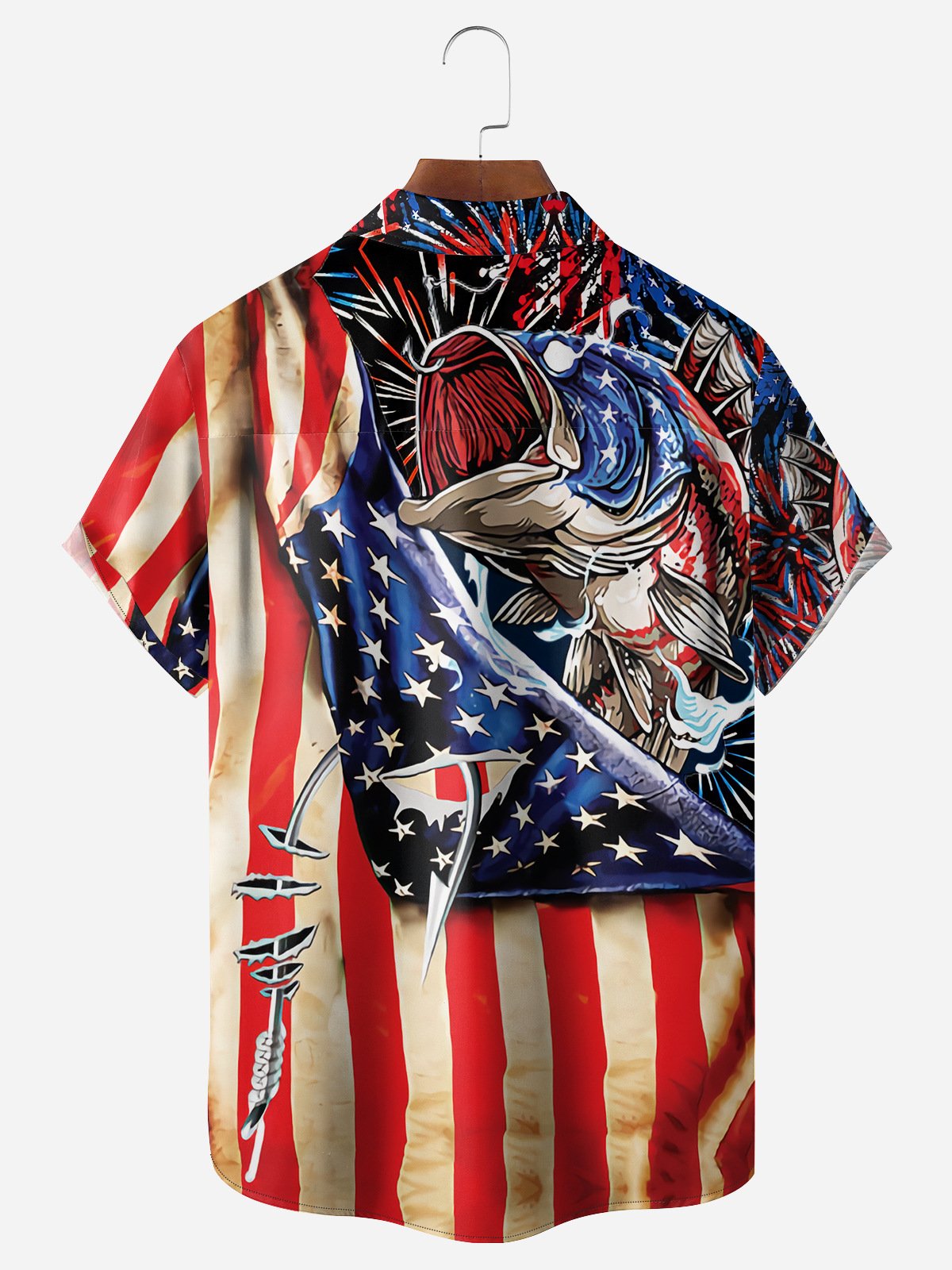 American Flag Fish Chest Pocket Short Sleeve Casual Shirt