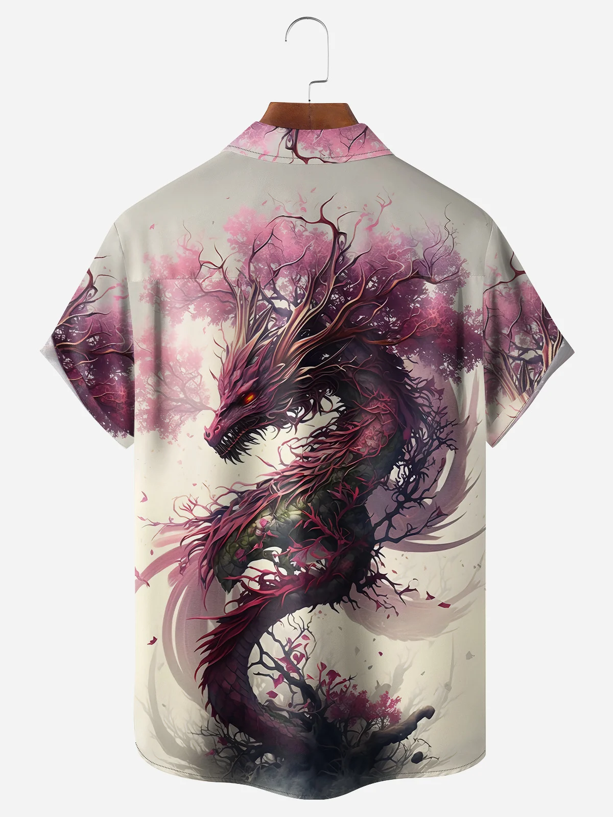 Japanese Sakura Dragon Chest Pocket Short Sleeve Casual Shirt