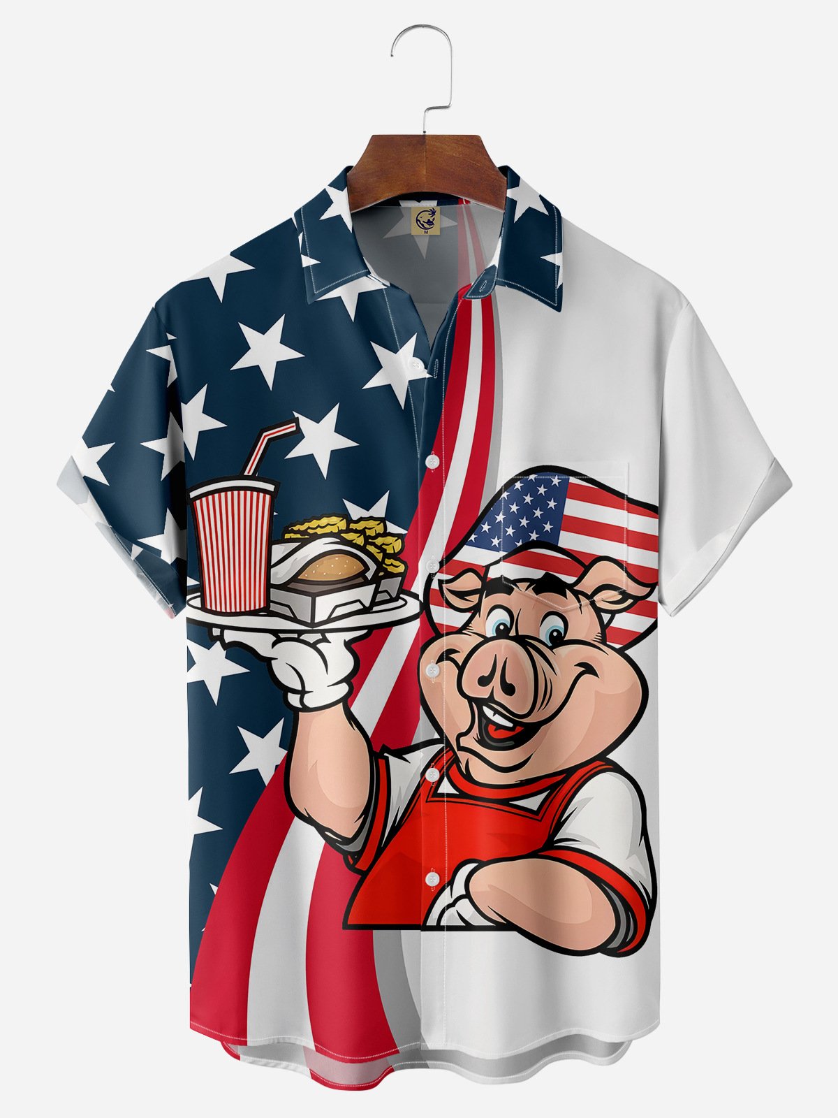 American Flag Fun Pig Chest Pocket Short Sleeve Hawaiian Shirt