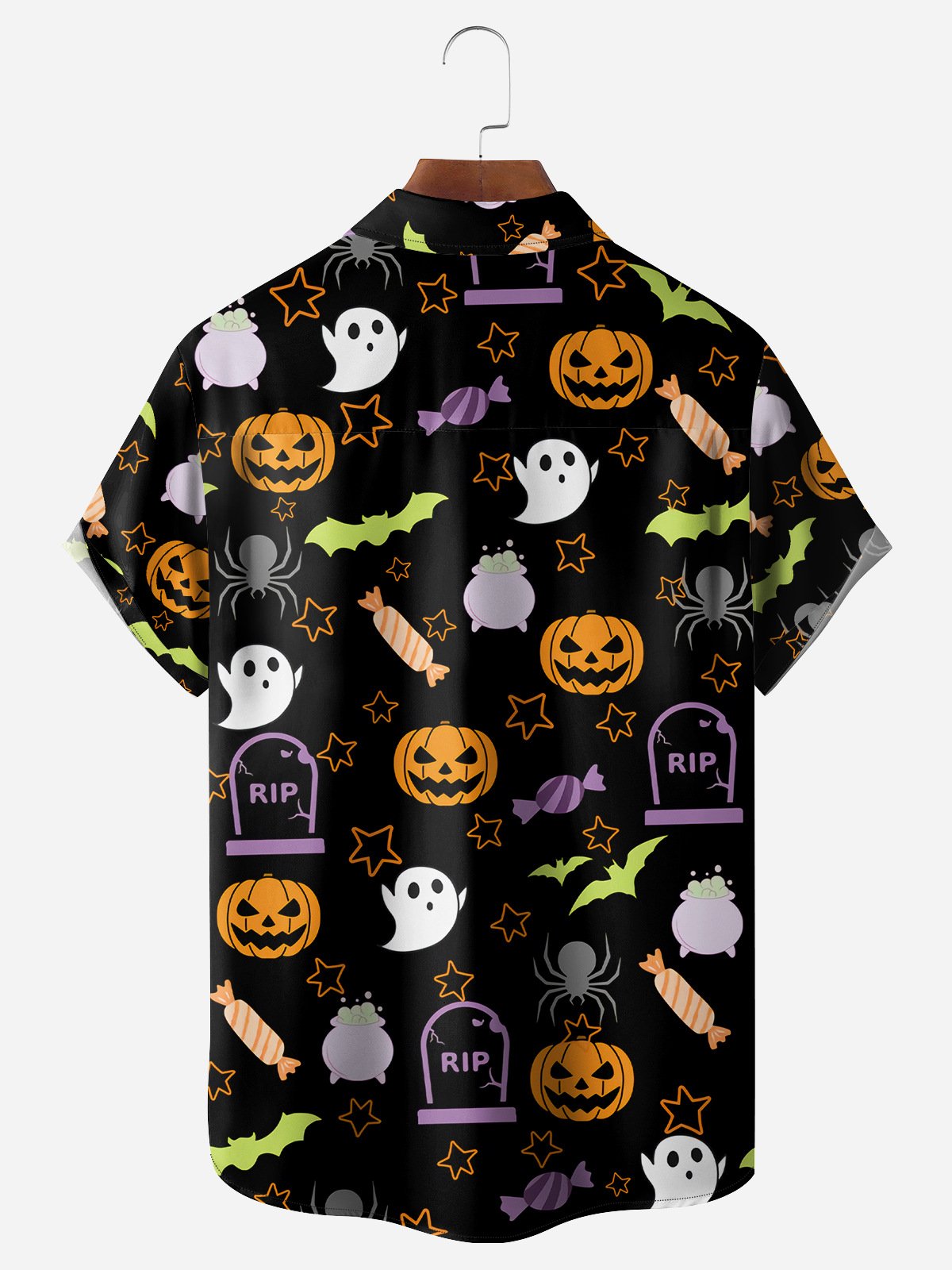 Halloween Dinosaur Pumpkin Chest Pocket Short Sleeve Shirt