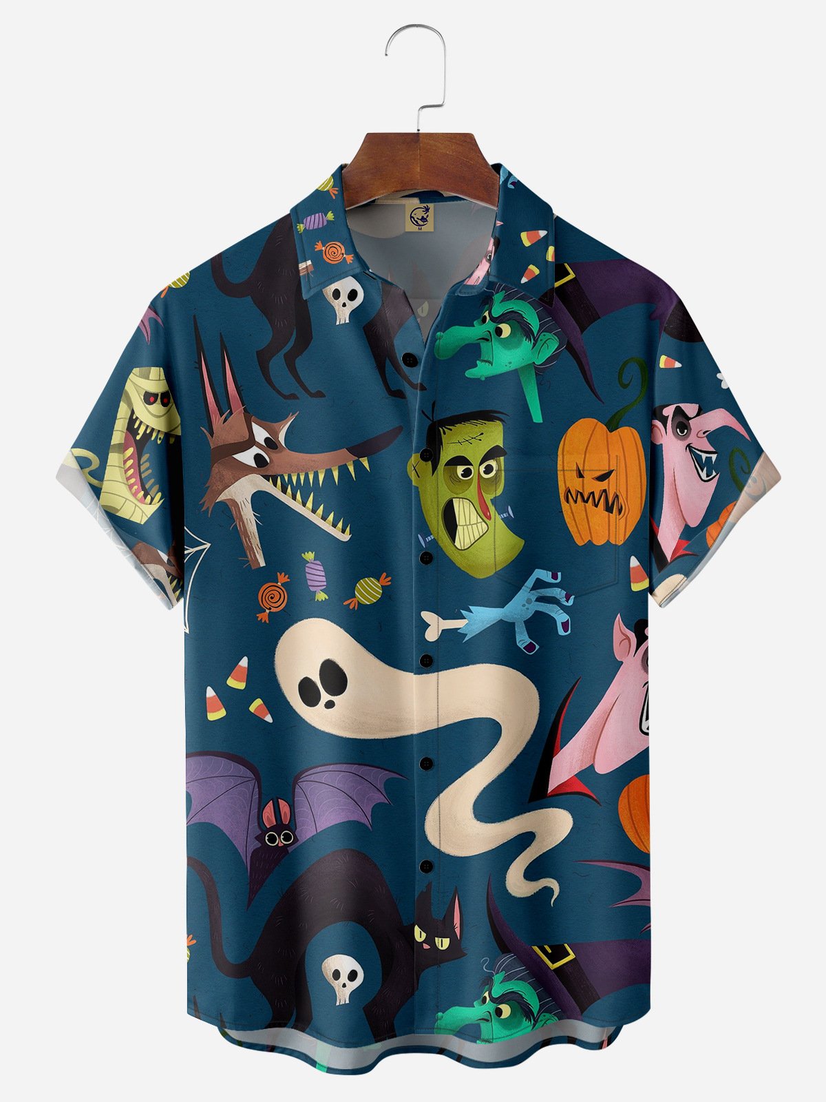 Halloween Ghost Chest Pocket Short Sleeve Casual Shirt