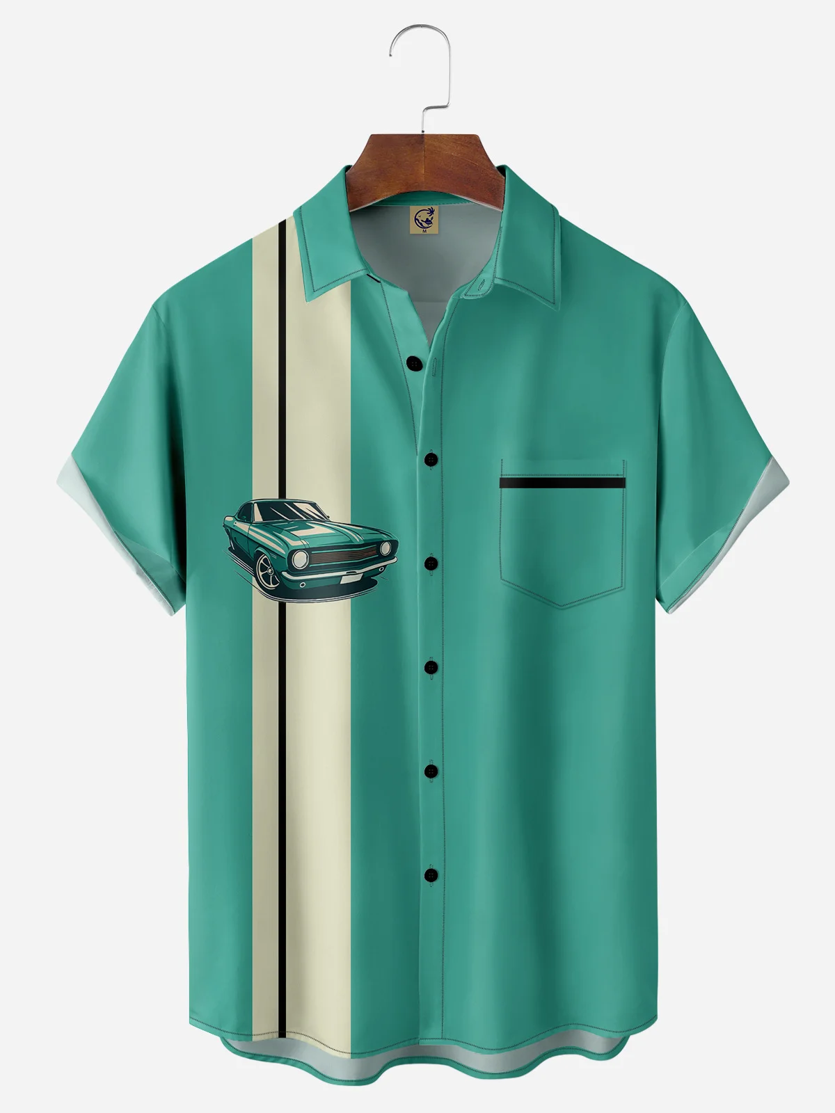 Retro Car Chest Pocket Short Sleeve Bowling Shirt