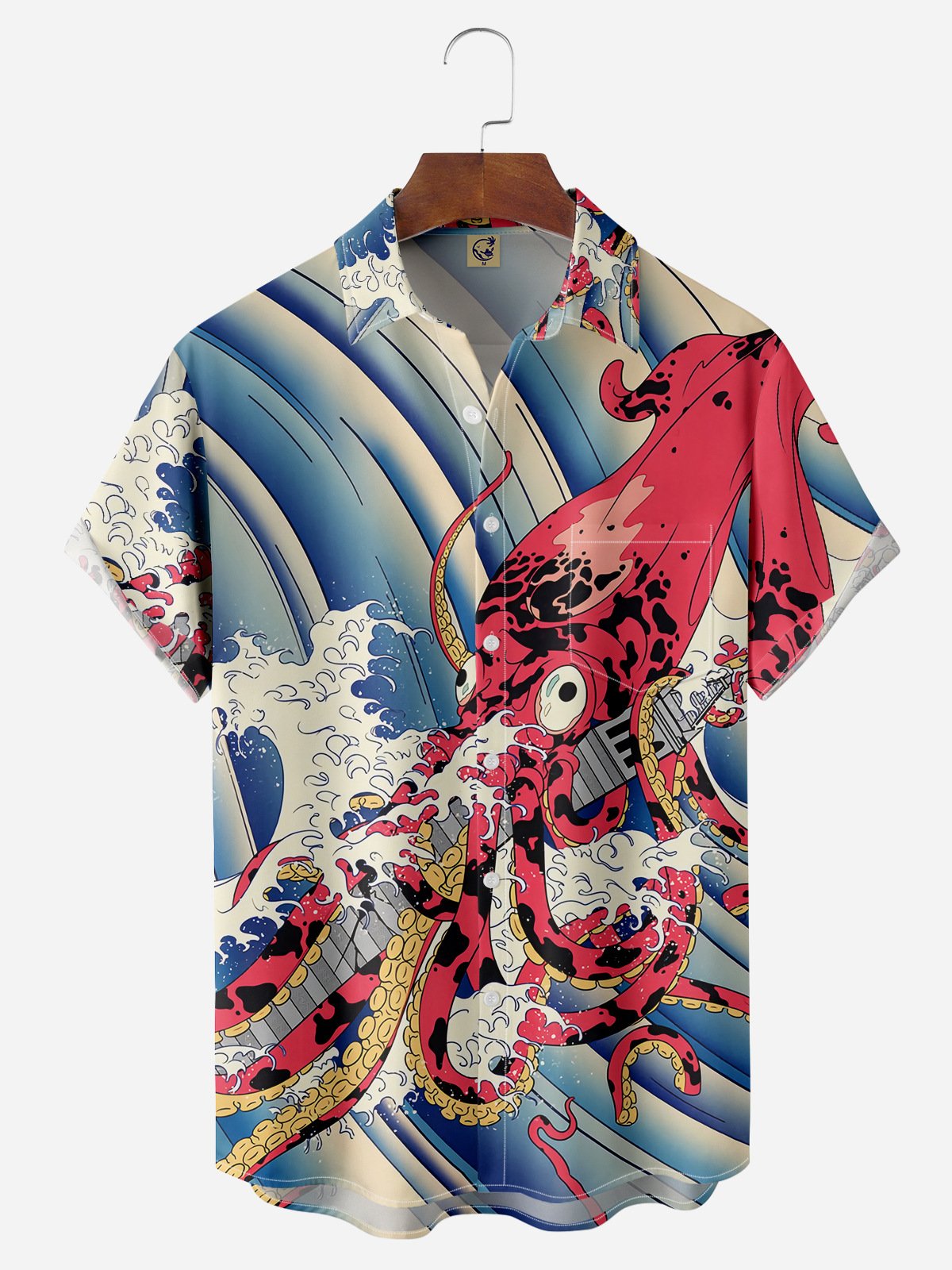 Ukiyo-e Octopus Chest Pocket Short Sleeve Hawaiian Shirt