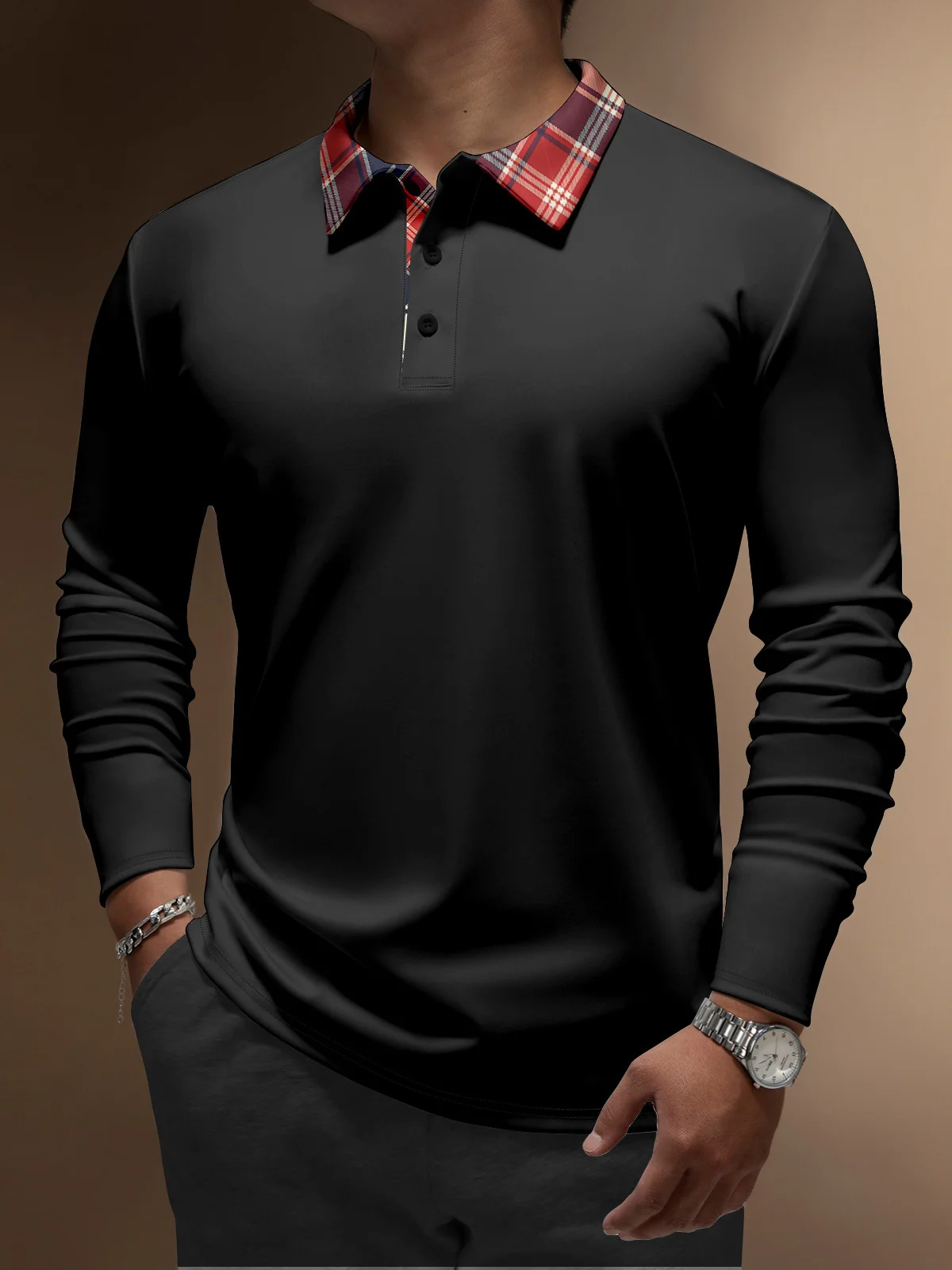 Contrast Plaid Button Long Sleeve Polo Shirt