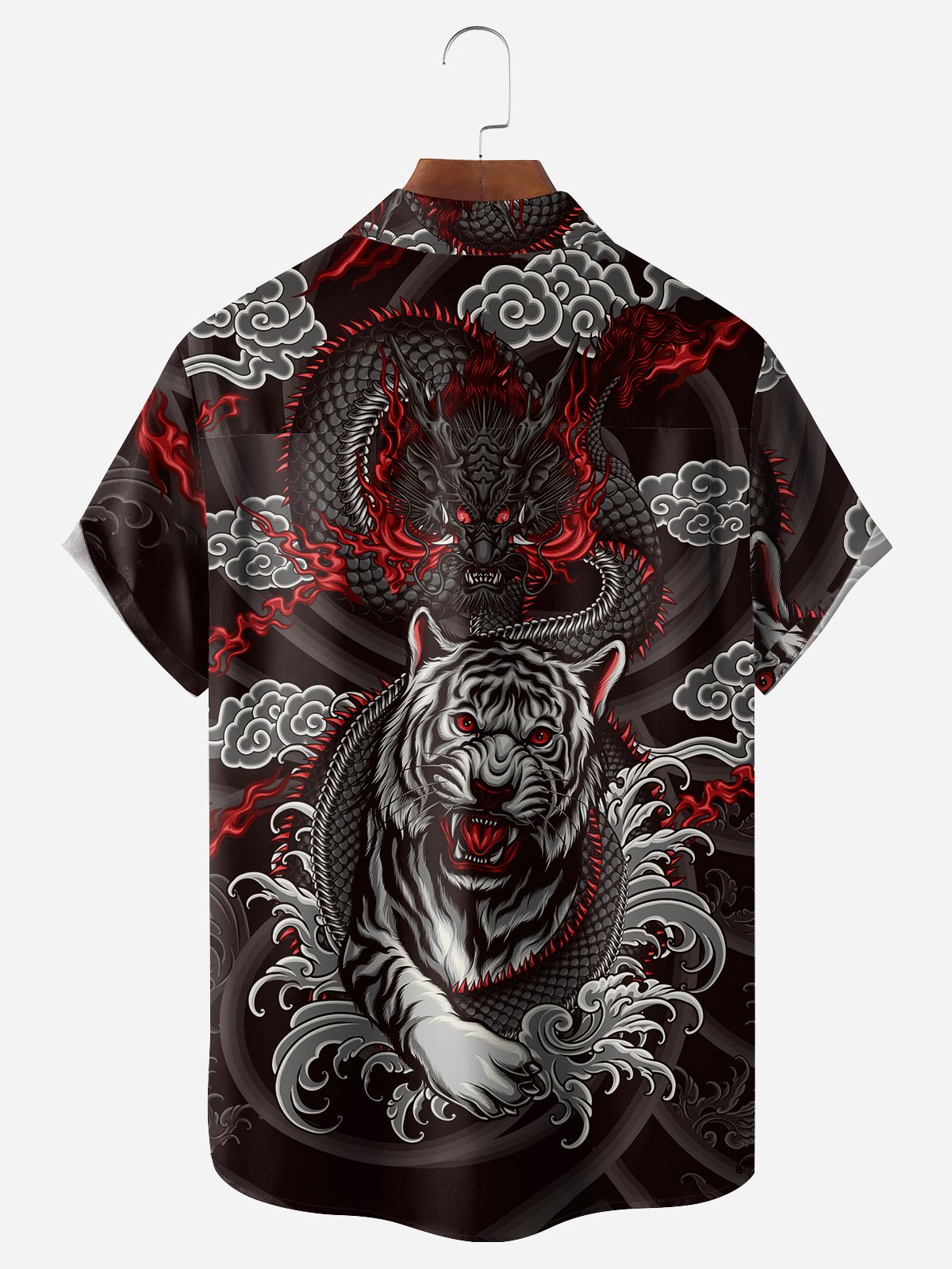 Ukiyoe Tiger and Dragon Chest Pocket Short Sleeve Casual Shirt