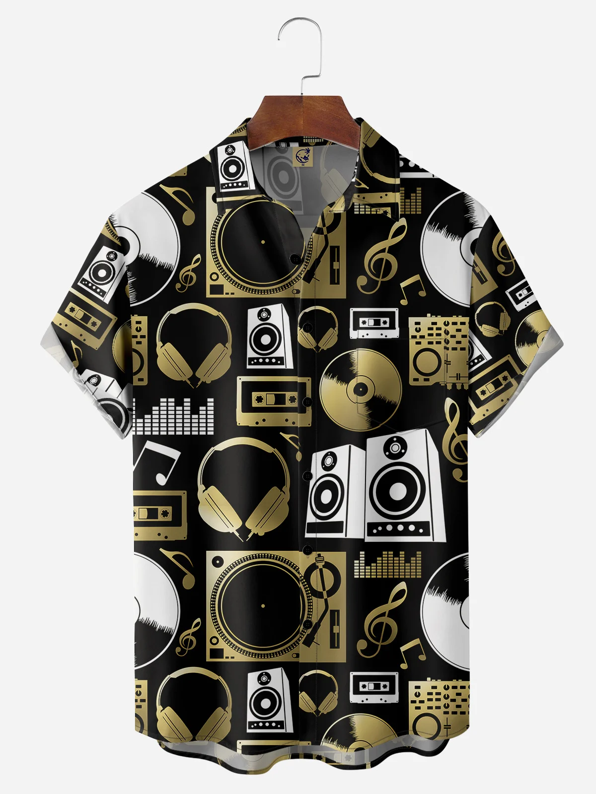 Music Records Chest Pockets Short Sleeve Casual Shirts