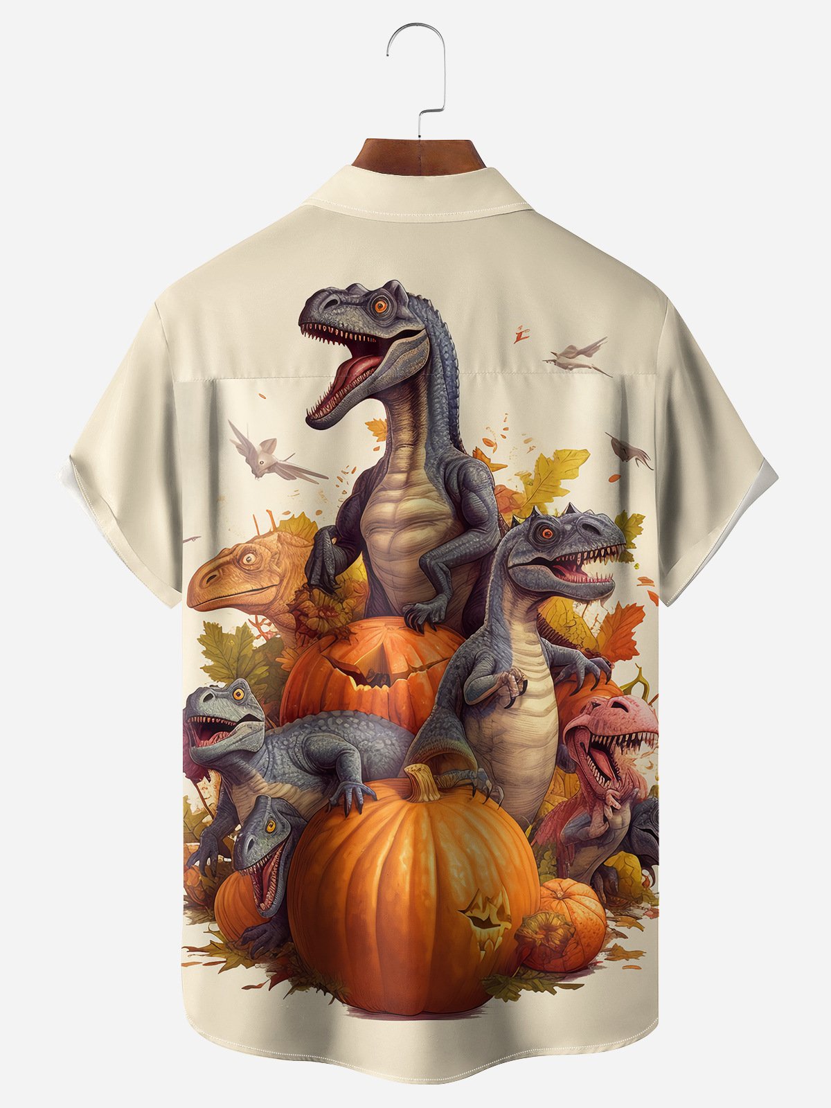 Halloween Dinosaur Pumpkin Maple Leaf Short Sleeve Shirt