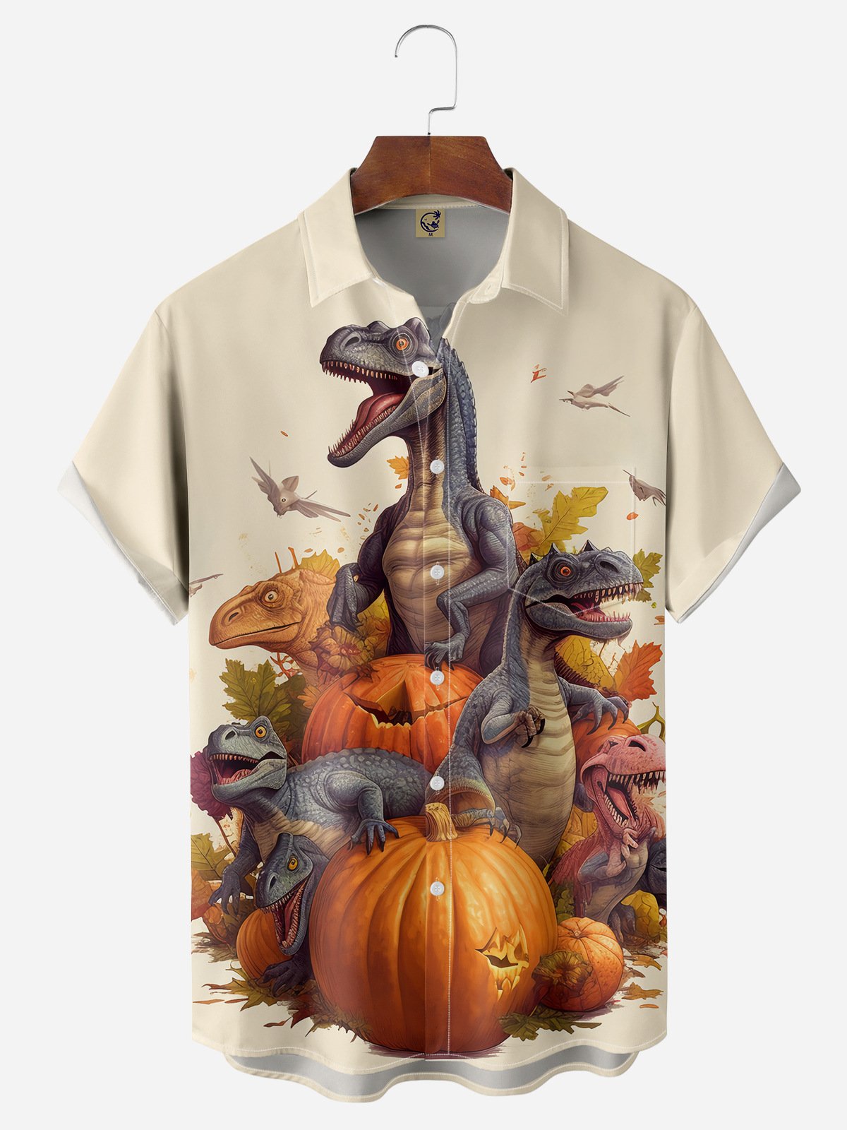 Halloween Dinosaur Pumpkin Maple Leaf Short Sleeve Shirt