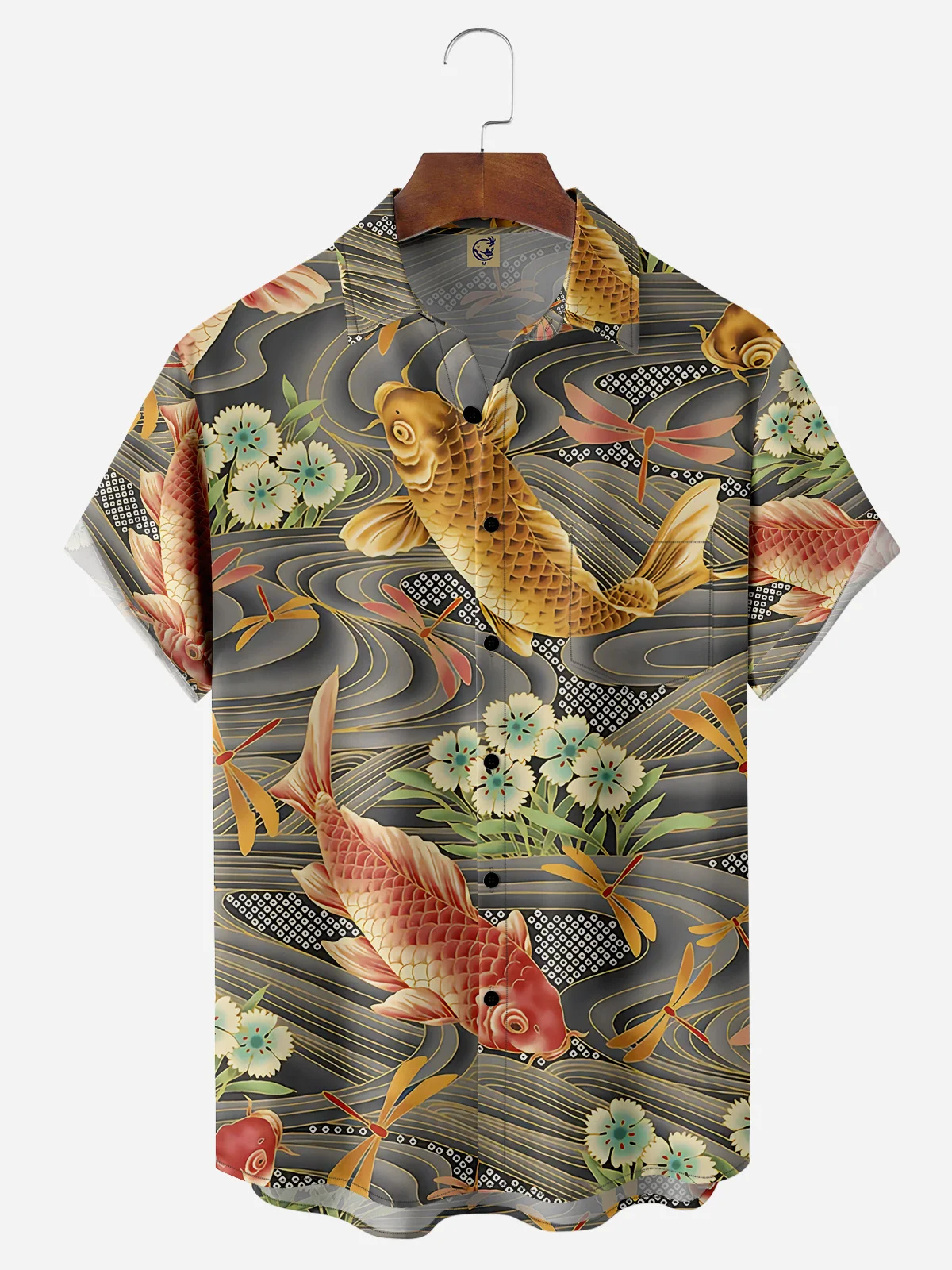 Ukiyo-e Koi Chest Pocket Short Sleeve Casual Shirt