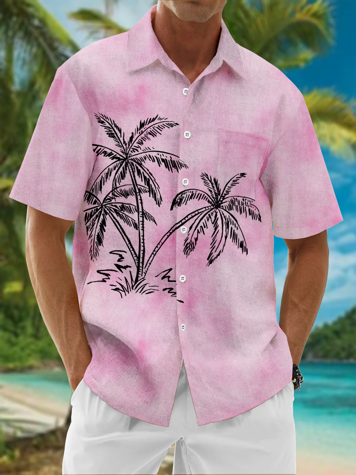 Ombre Coconut Tree Chest Pocket Short Sleeve Resort Shirt