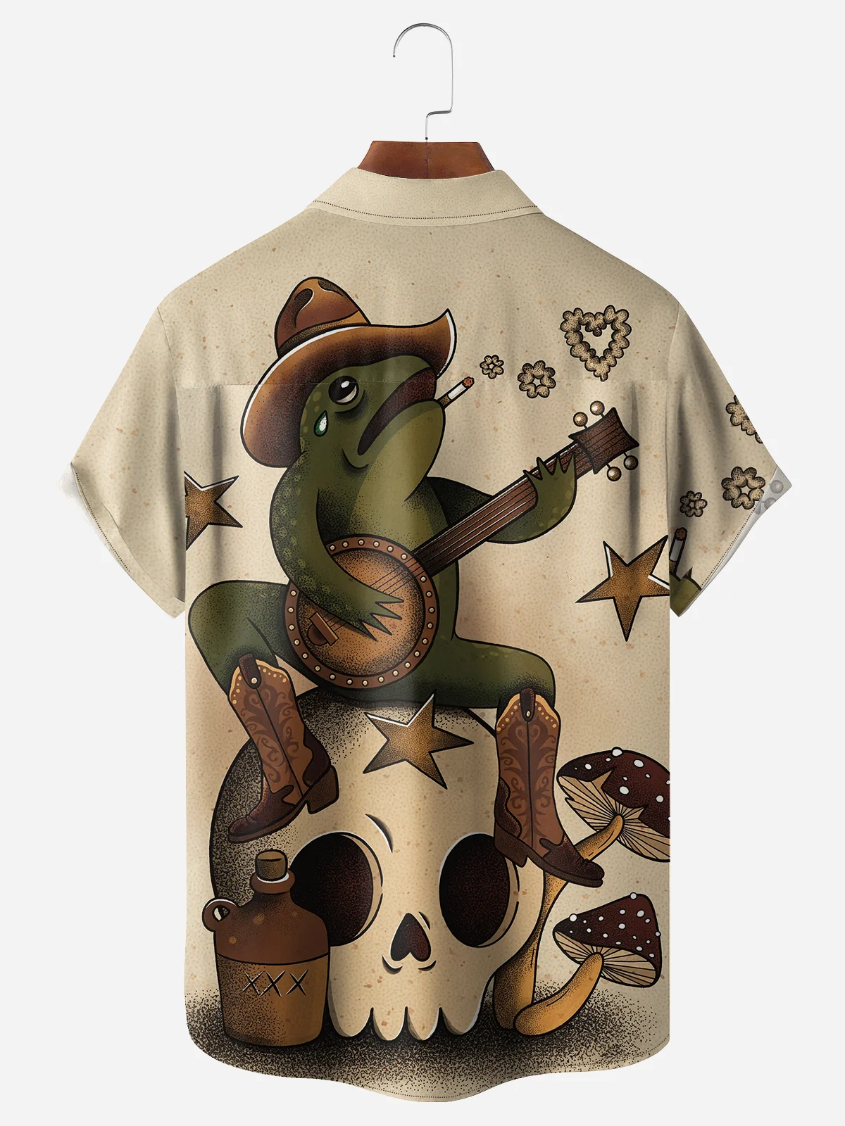 Halloween Frog Playing Guitar Chest Pocket Short Sleeve Casual Shirt