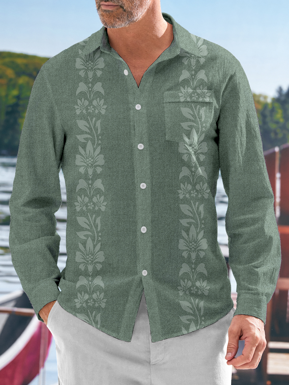 Floral Chest Pocket Long Sleeve Guayabera Shirt