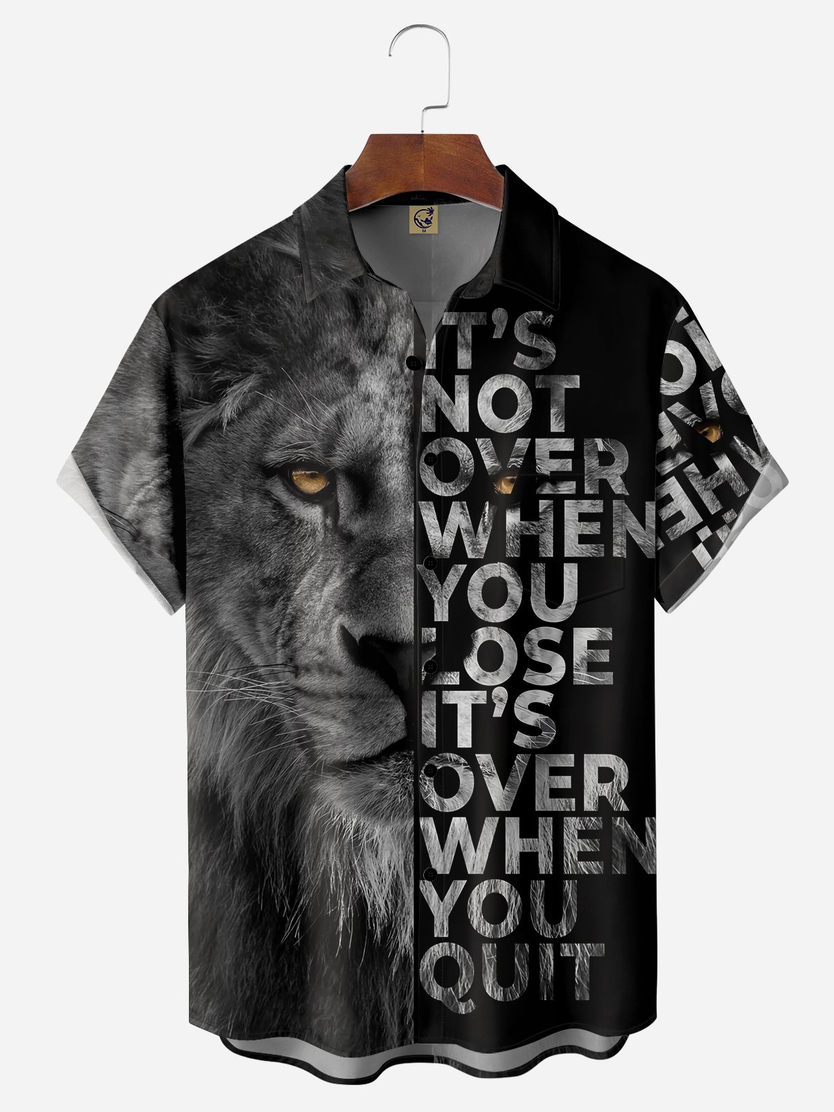 Never Give Up Lion Chest Pocket Short Sleeve Casual Shirt