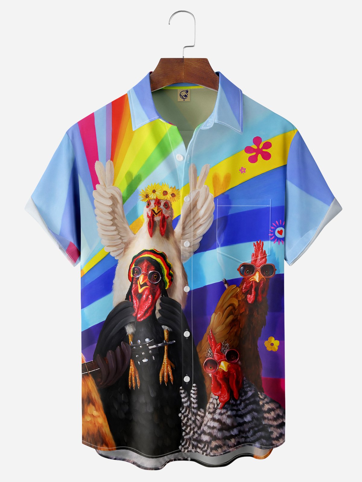 Hippie Fun Rooster Chest Pocket Short Sleeve Casual Shirt